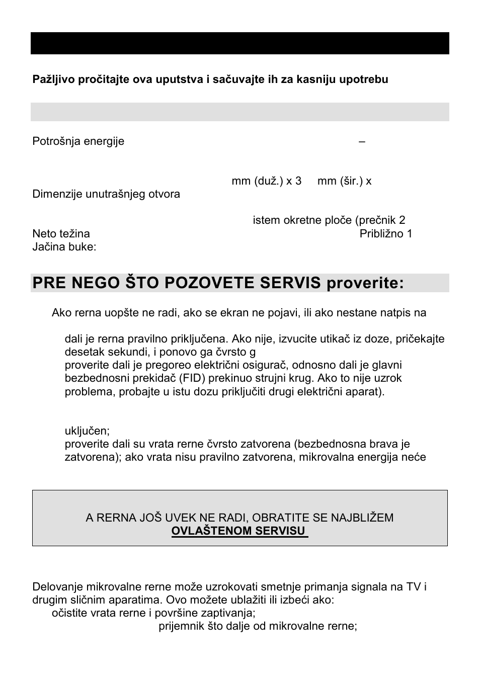 Mikrotalasna rerna srb mne, Specifikacije, Pre nego što pozovete servis proverite | Smetnje radio signala | Gorenje CMO-200 DWII User Manual | Page 21 / 125