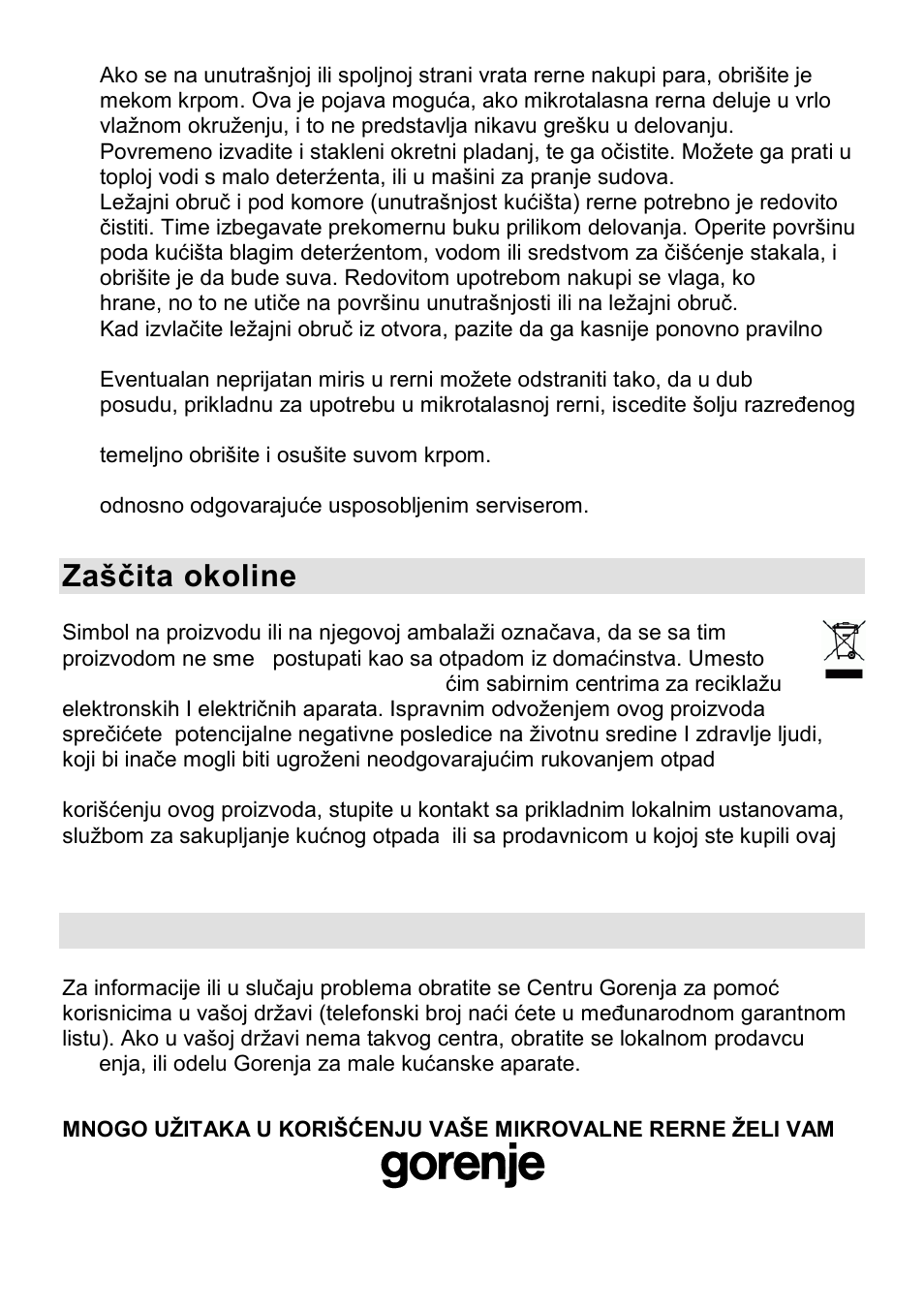 Zašţita okoline, Garancija i servis | Gorenje CMO-200 DWII User Manual | Page 29 / 125