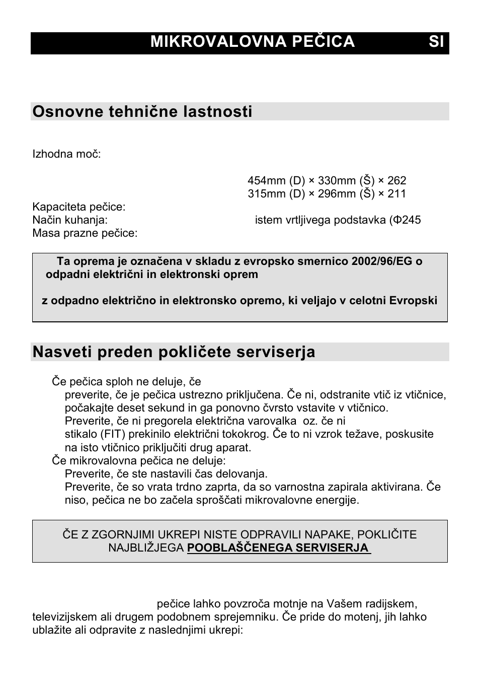 Mikrovalovna peţica si, Osnovne tehniţne lastnosti, Nasveti preden pokliţete serviserja | Motnje radijskih signalov | Gorenje CMO-200 DWII User Manual | Page 3 / 125