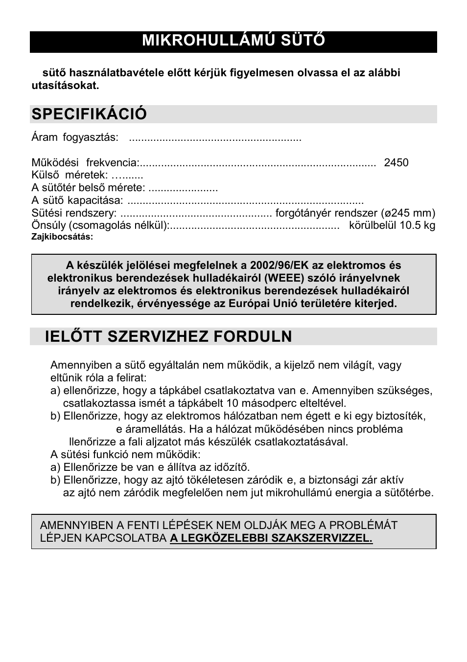 Mikrohullámú sütő hu, Specifikáció, Mielőtt szervizhez fordulna | Gorenje CMO-200 DWII User Manual | Page 40 / 125