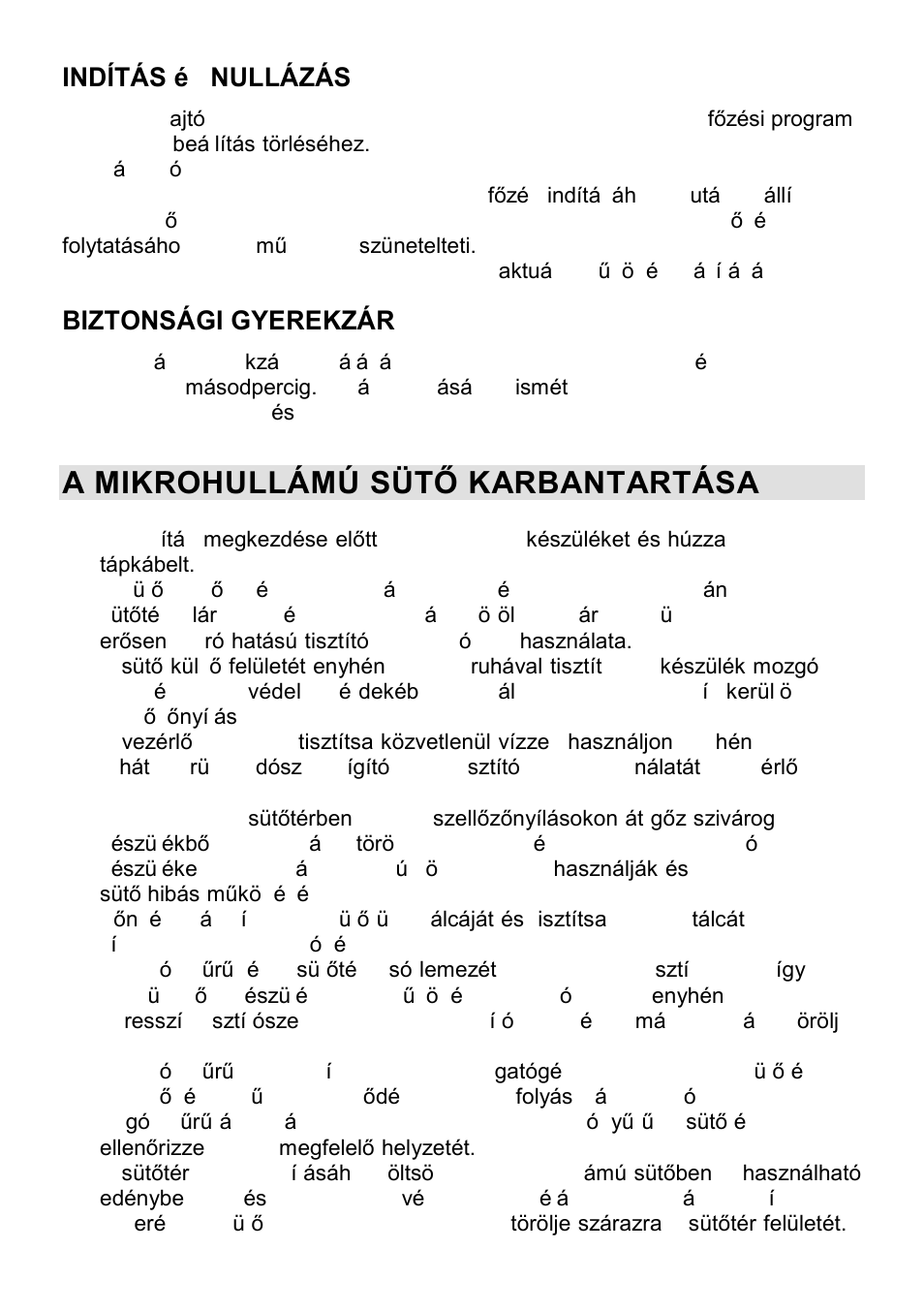 A mikrohullámú sütő karbantartása, Indítás és nullázás, Biztonsági gyerekzár | Gorenje CMO-200 DWII User Manual | Page 48 / 125