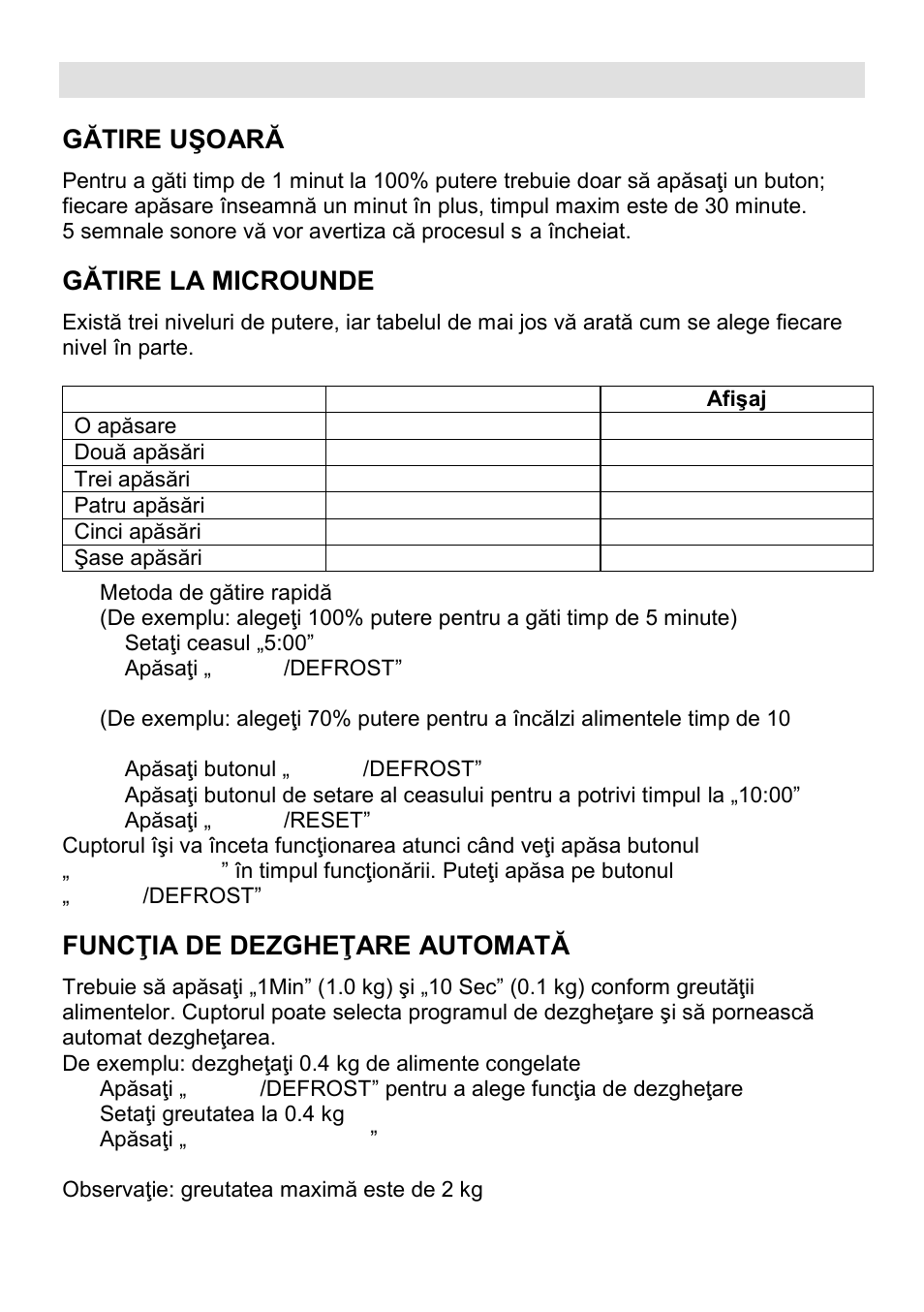 Utilizarea panoului de comenzi, Gătire uşoară, Gătire la microunde | Funcŝia de dezgheŝare automată | Gorenje CMO-200 DWII User Manual | Page 65 / 125