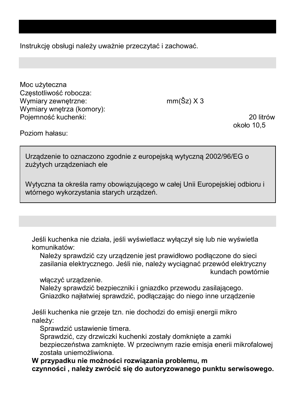 Kuchenka mikrofalowa pl, Charakterystyki techniczne, Przed wezwaniem serwisu | Gorenje CMO-200 DWII User Manual | Page 68 / 125