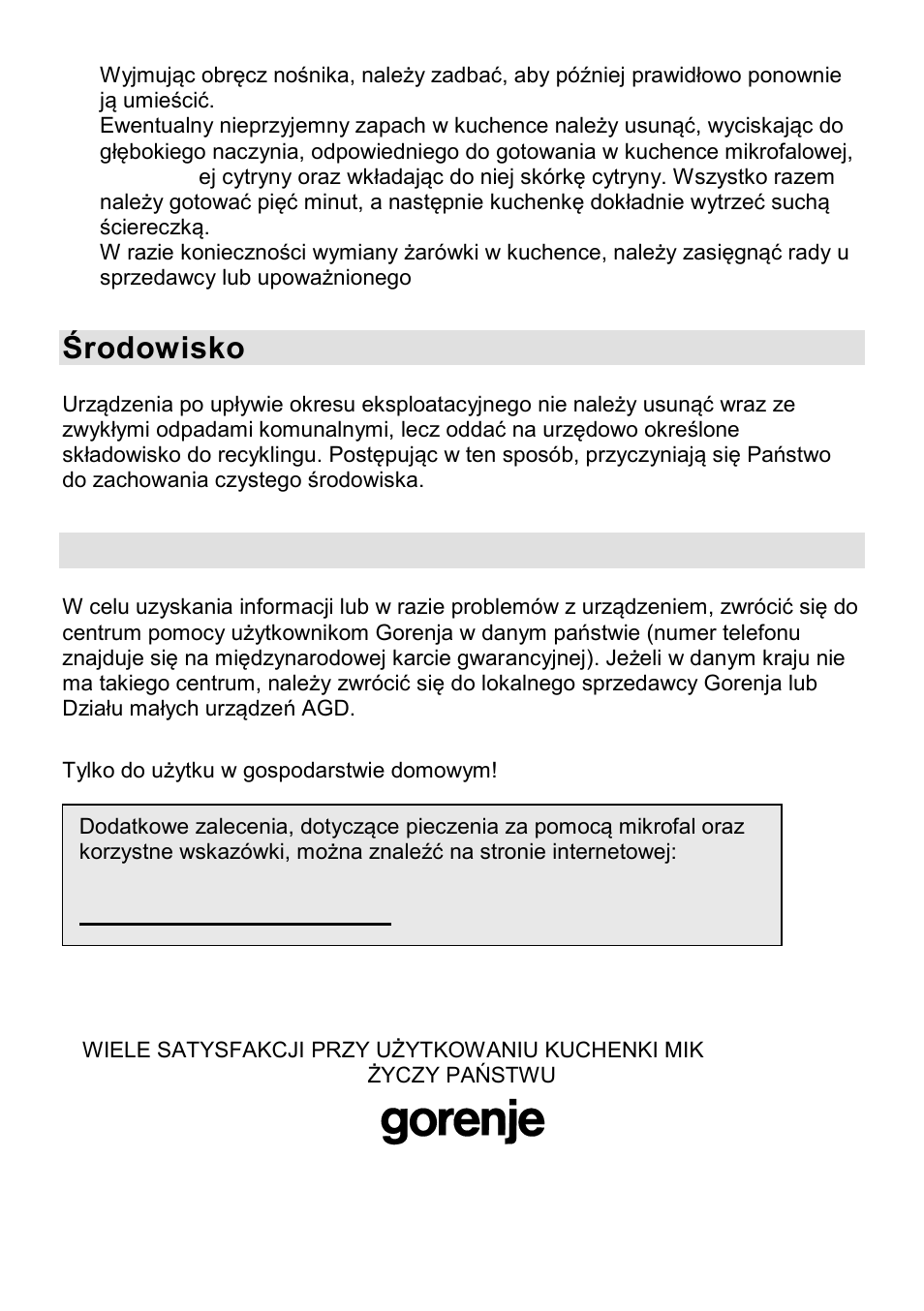 Środowisko, Gwarancja i serwis naprawczy | Gorenje CMO-200 DWII User Manual | Page 78 / 125