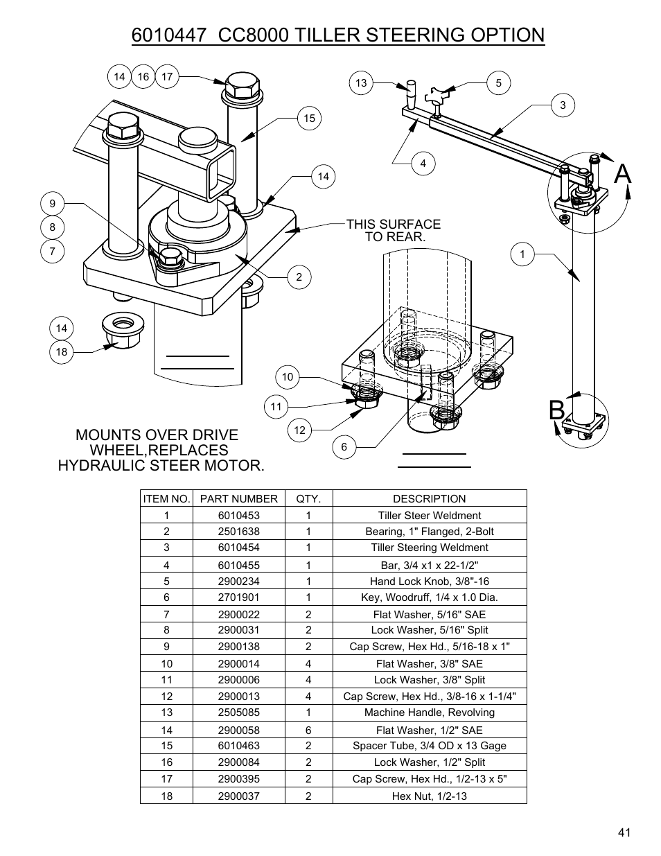 Tiller steering option, Hydraulic steer motor. wheel,replaces, Mounts over drive | Diamond Products CC8000 User Manual | Page 41 / 44