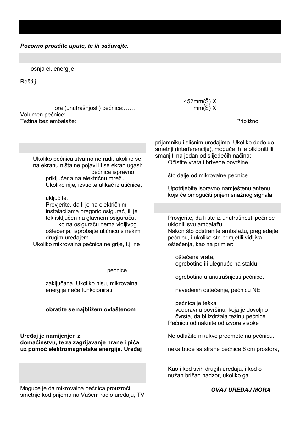 Upute za uporabu hr, Specifikacija, Prije nego pozovete servisera | Radijske smetnje (interferencija), Postavljanje | Gorenje MO-20 DGE User Manual | Page 11 / 101