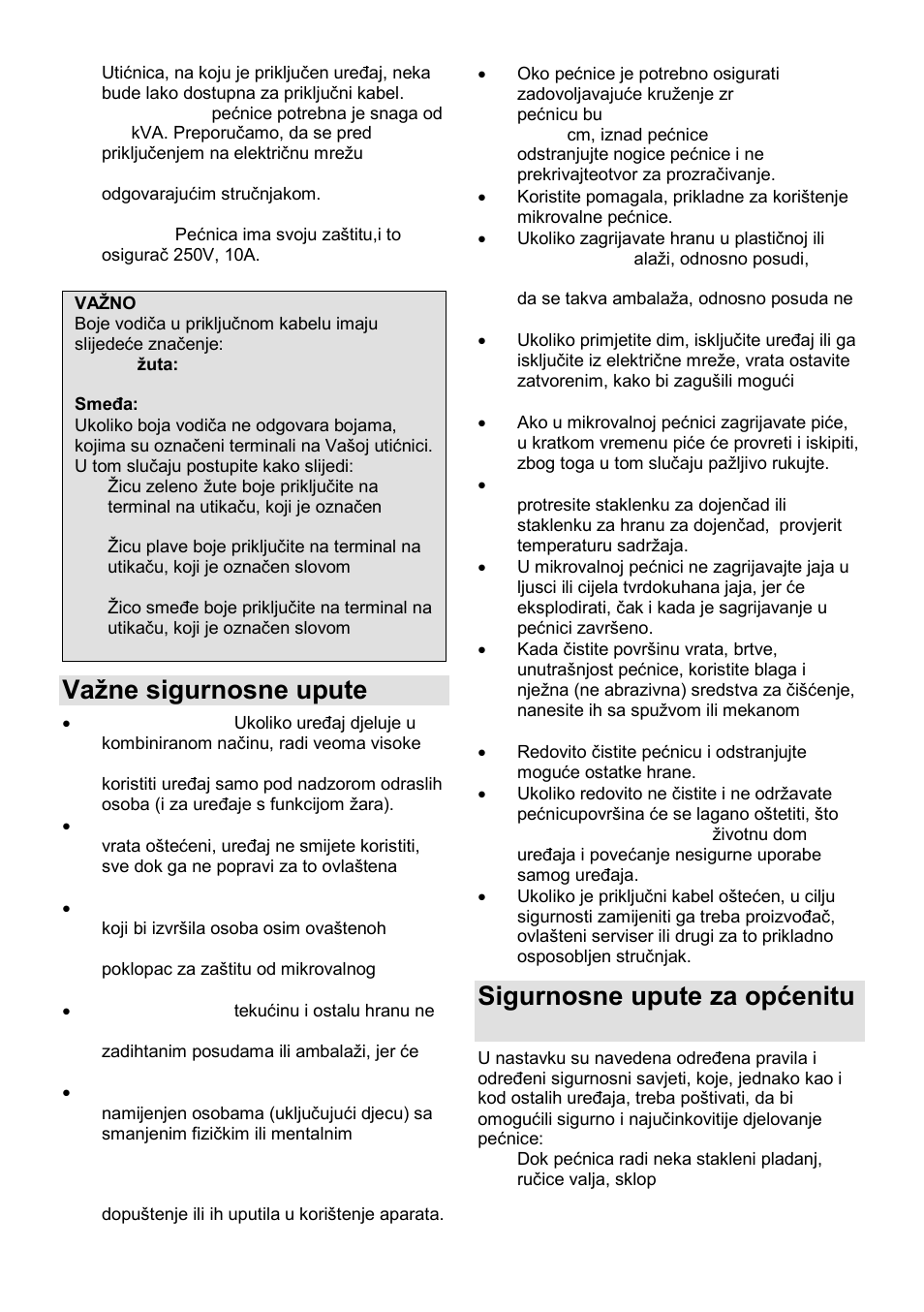 Vaņne sigurnosne upute, Sigurnosne upute za općenitu uporabu | Gorenje MO-20 DGE User Manual | Page 12 / 101