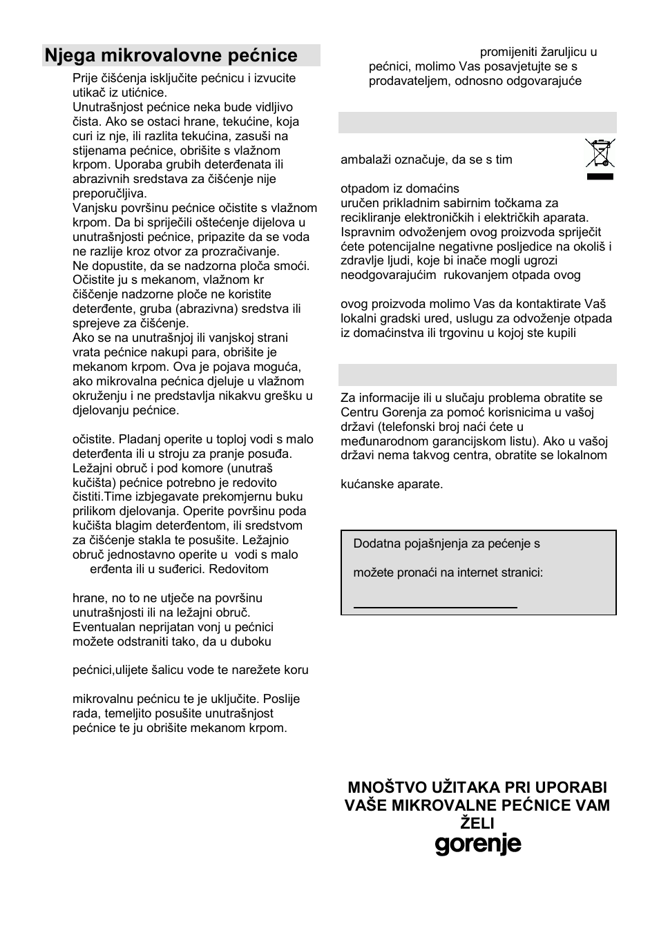 Njega mikrovalovne pećnice, Okolina, Garancija i servis | Gorenje MO-20 DGE User Manual | Page 18 / 101