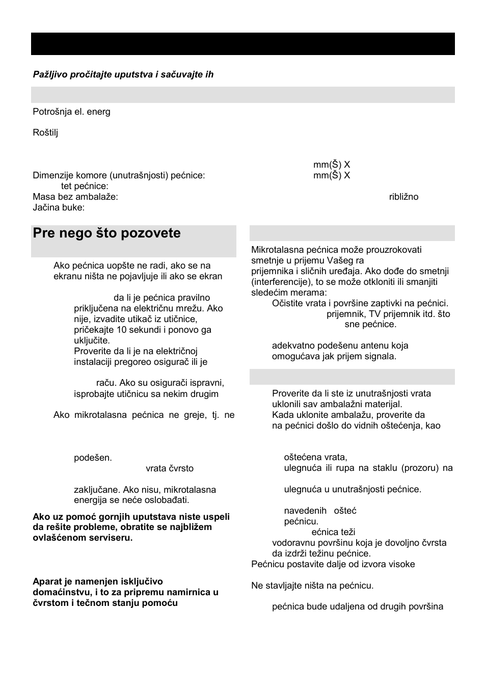 Uputstvo za upotrebu srb mne, Specifikacije, Pre nego ńto pozovete servisera | Radio-smetnje (interferencije), Postavljanje | Gorenje MO-20 DGE User Manual | Page 19 / 101