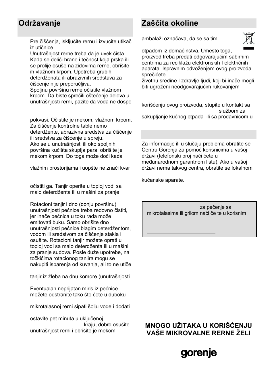 Odrņavanje mikrotalasne rerne, Zańĉita okoline, Garancija i servis | Gorenje MO-20 DGE User Manual | Page 26 / 101