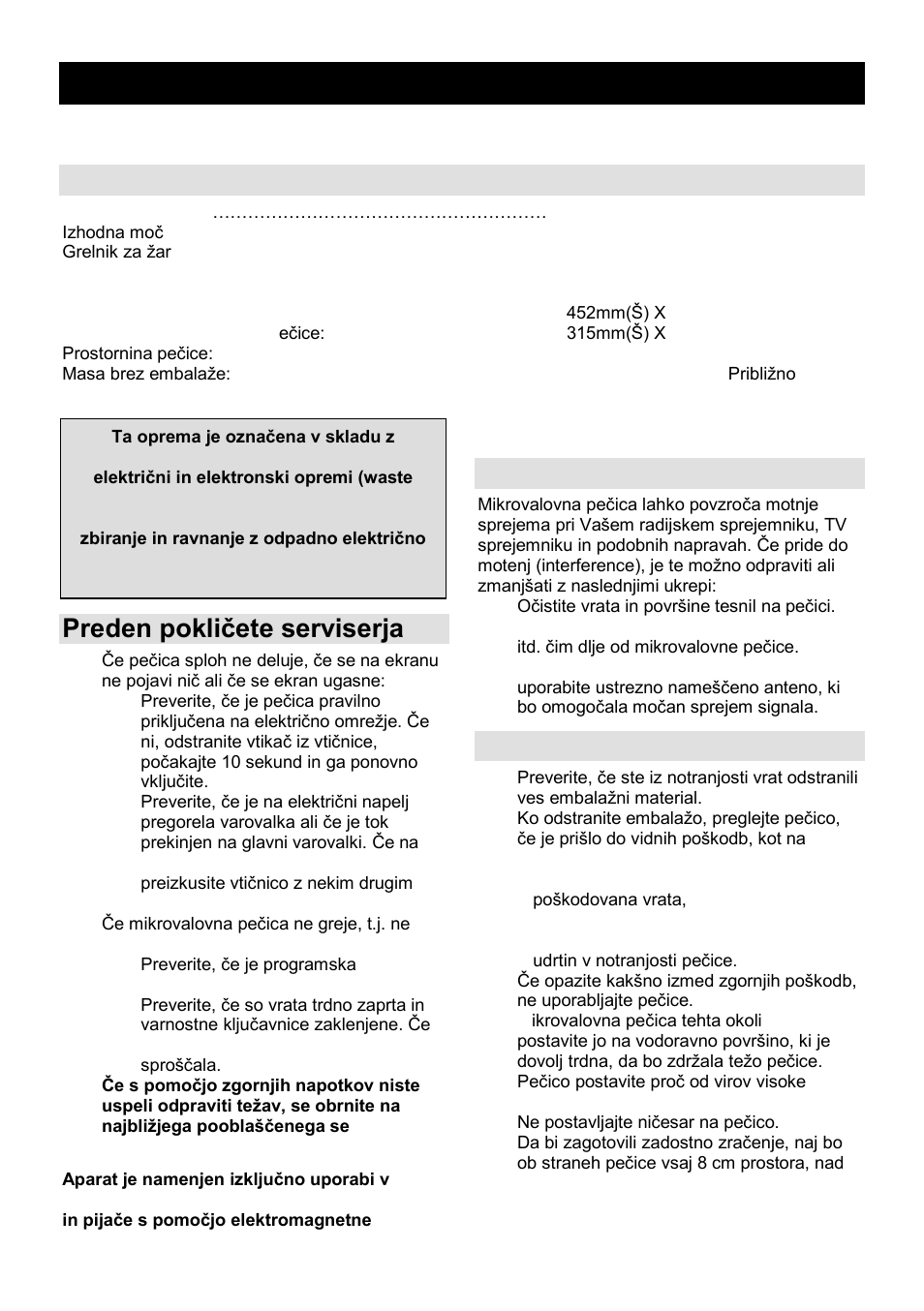 Navodila za uporabo si, Specifikacije, Preden pokliĉete serviserja | Radijske motnje (interference), Namestitev | Gorenje MO-20 DGE User Manual | Page 3 / 101