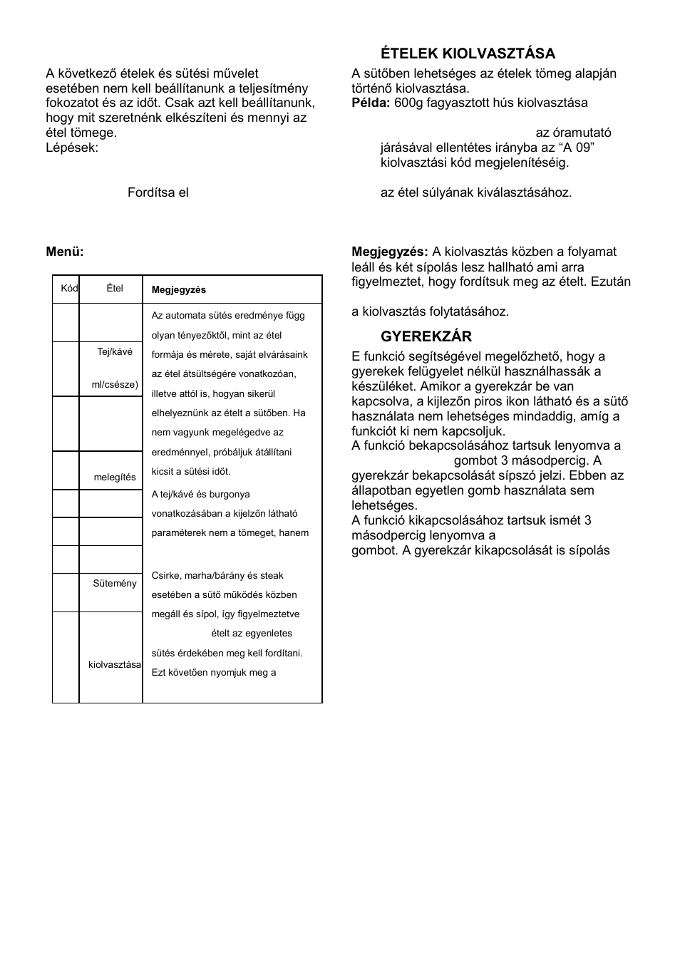 Auto cook, Ételek kiolvasztása, Gyerekzár | Gorenje MO-20 DGE User Manual | Page 51 / 101