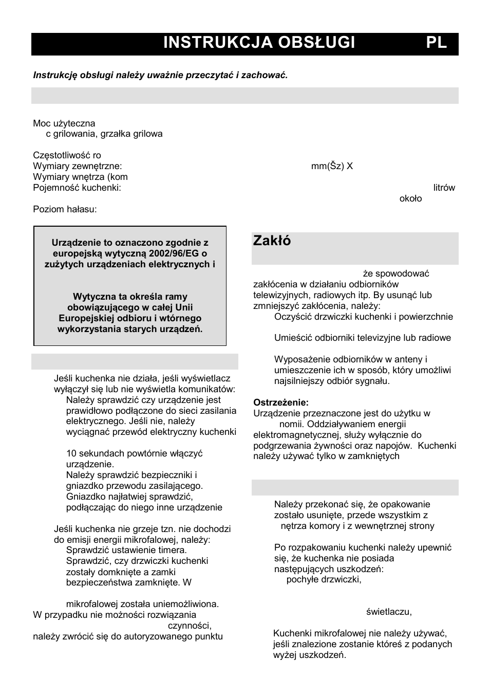 Instrukcja obsługi pl, Charakterystyki techniczne, Przed wezwaniem serwisu | Instalacja | Gorenje MO-20 DGE User Manual | Page 53 / 101