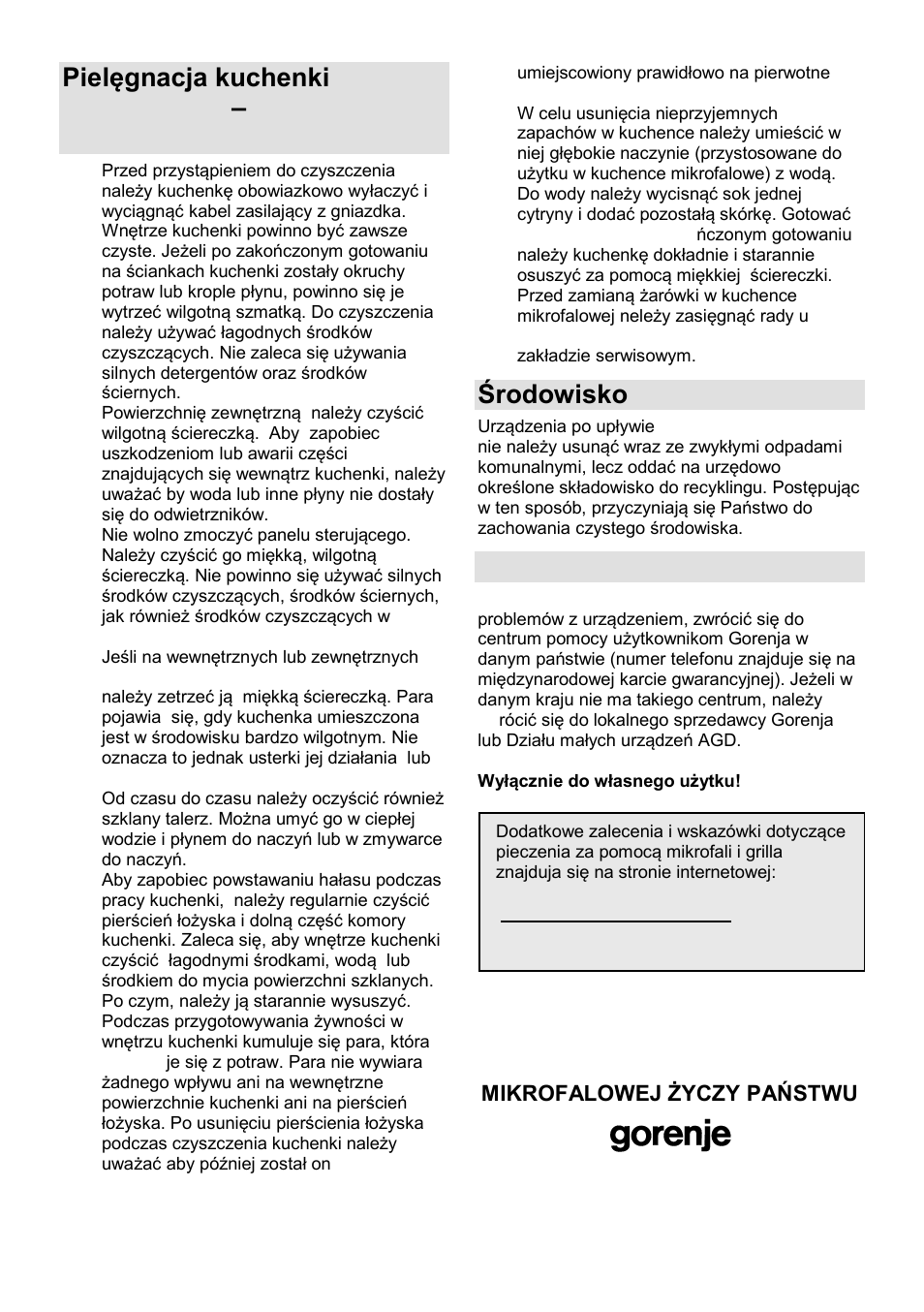 Środowisko, Gwarancja i serwis naprawczy | Gorenje MO-20 DGE User Manual | Page 61 / 101