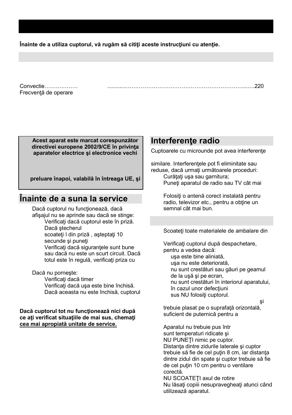 Manual de utilizare ro, Caracteristici, Înainte de a suna la service | Interferenŝe radio, Instalare | Gorenje MO-20 DGE User Manual | Page 62 / 101