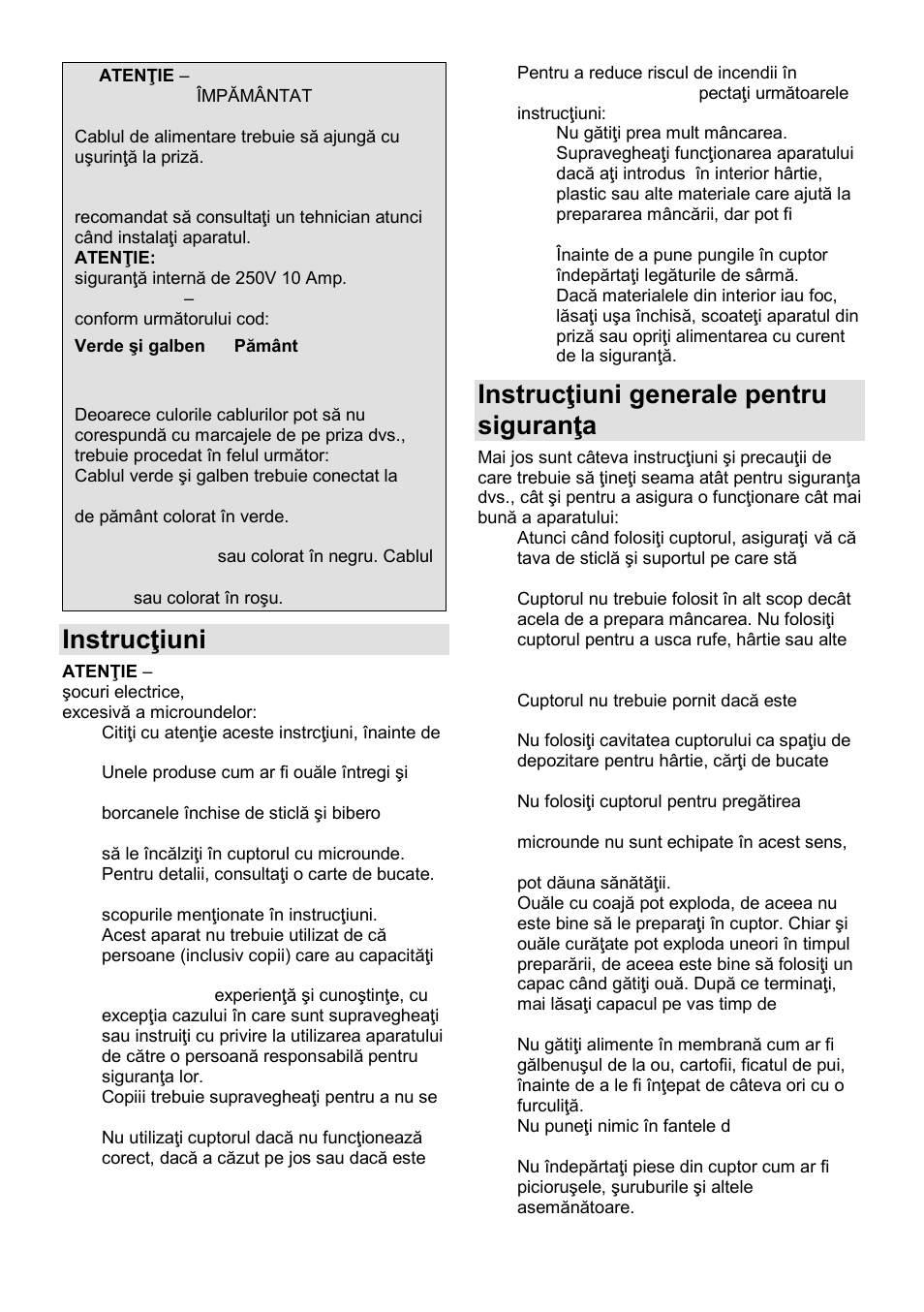 Instrucŝiuni importante, Instrucŝiuni generale pentru siguranŝa dvs | Gorenje MO-20 DGE User Manual | Page 63 / 101