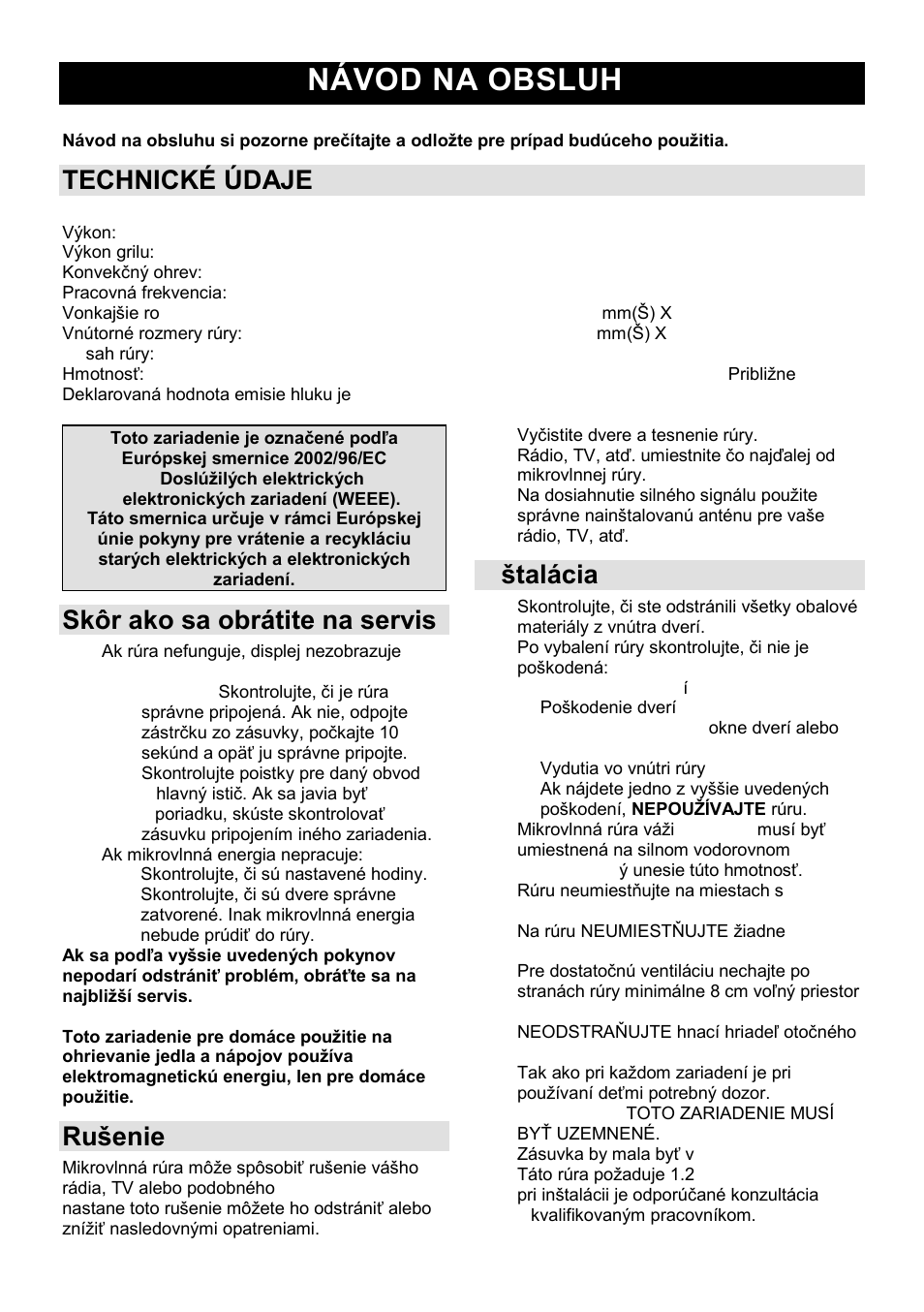 Návod na obsluhu sk, Technické údaje, Skôr ako sa obrátite na servis | Ruńenie | Gorenje MO-20 DGE User Manual | Page 70 / 101