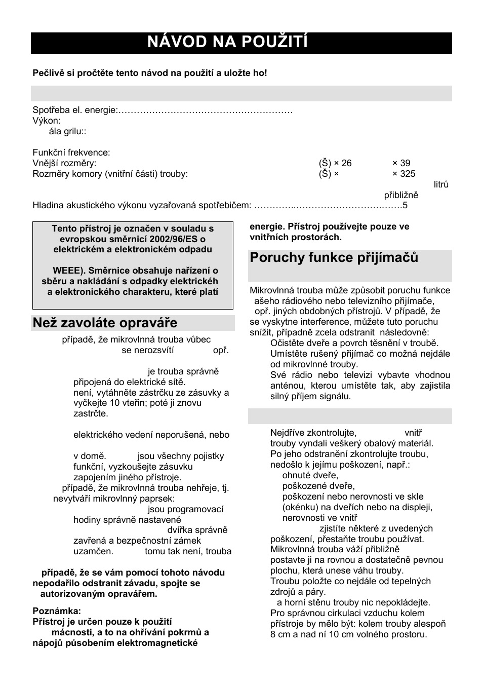 Návod na pouņití cs, Specifikace, Neņ zavoláte opraváře | Poruchy funkce přijímaĉů (interference), Instalace | Gorenje MO-20 DGE User Manual | Page 78 / 101