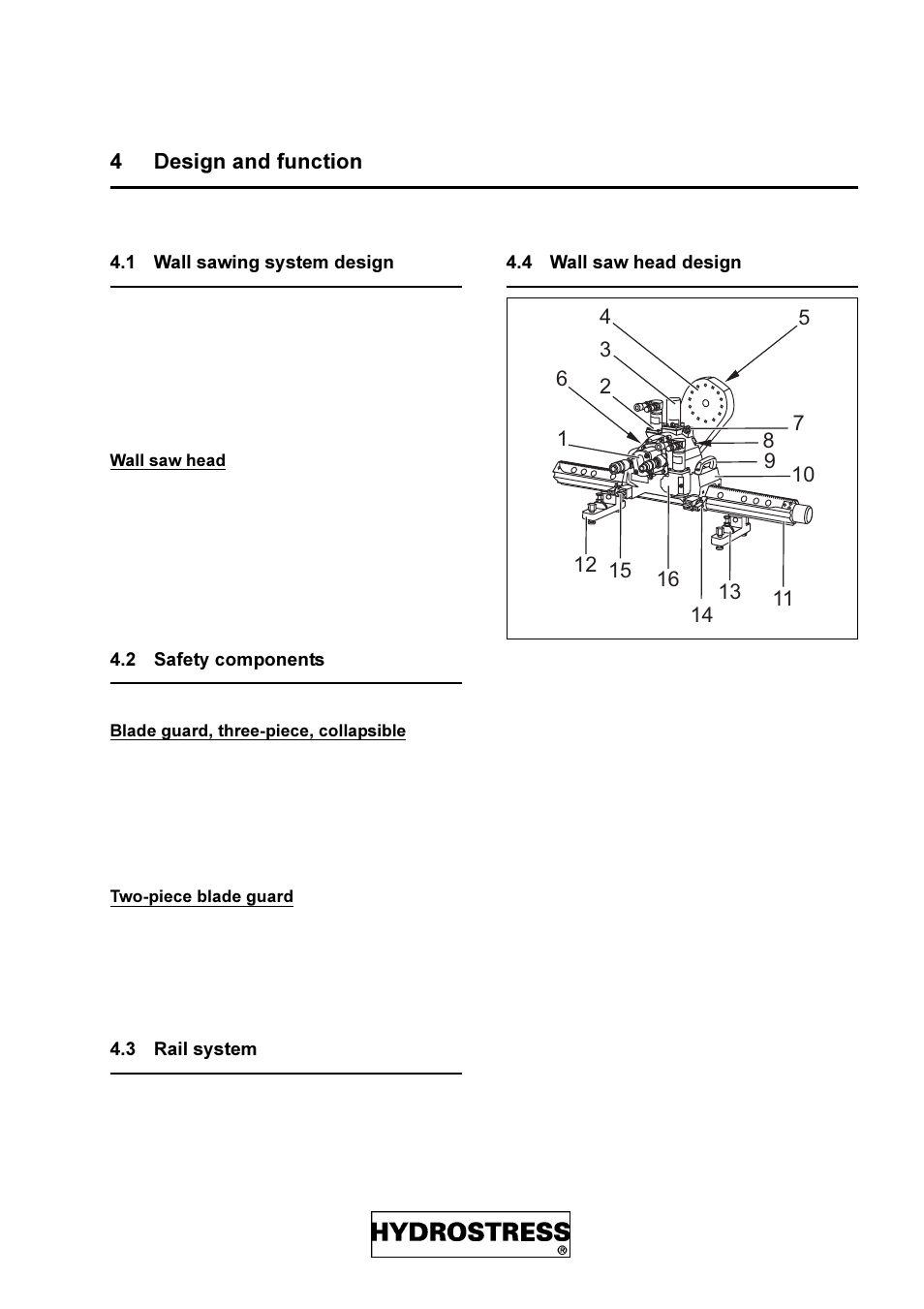 4 design and function, 1 wall sawing system design, 2 safety components | 3 rail system, 4 wall saw head design, Hvljq dqg ixqfwlrq, Wall sawing system design, Safety components, Rail system, Wall saw head design | Diamond Products FZ-4S User Manual | Page 11 / 83