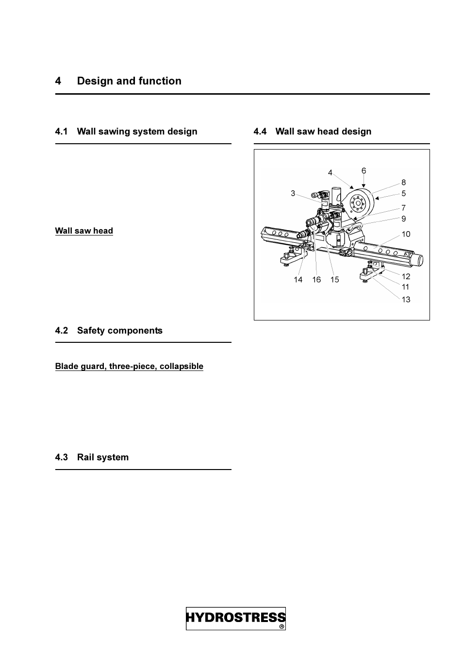 4 design and function, 1 wall sawing system design, 2 safety components | 3 rail system, 4 wall saw head design, Hvljq dqg ixqfwlrq, Wall sawing system design, Safety components, Rail system, Wall saw head design | Diamond Products DZ-S2 User Manual | Page 11 / 68