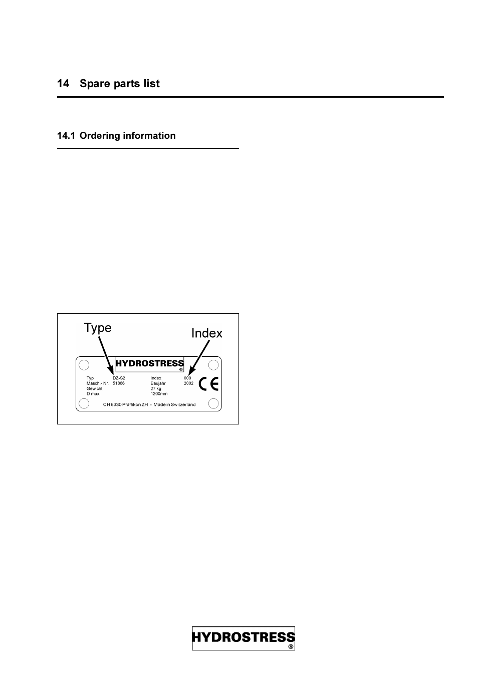 14 spare parts list, 1 ordering information, 6sduh sduwv olvw | Diamond Products DZ-S2 User Manual | Page 39 / 68
