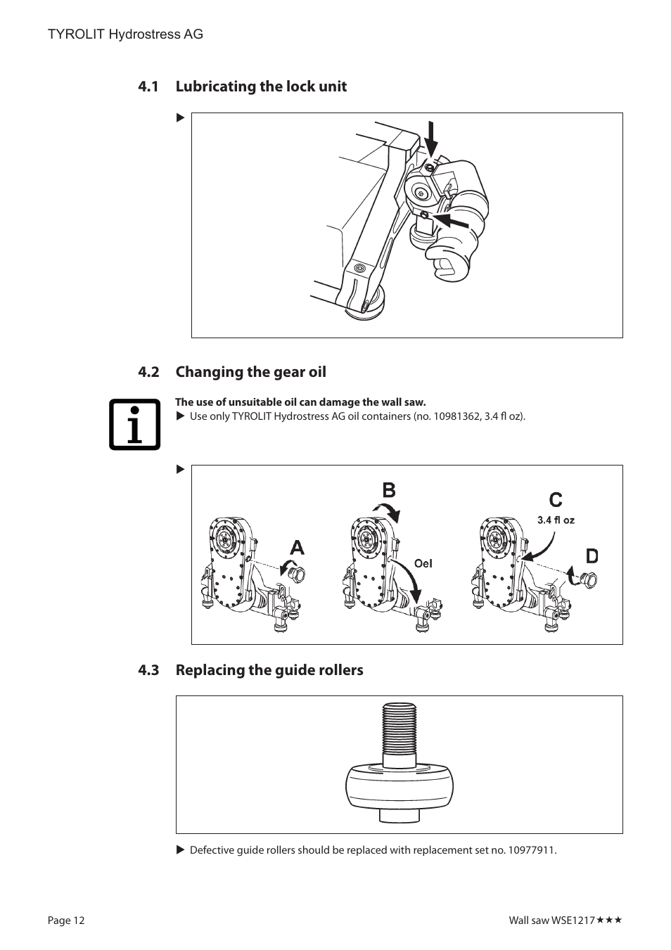 Lubricating the lock unit, Changing the gear oil, Replacing the guide rollers | Diamond Products WSE1217 User Manual | Page 12 / 16