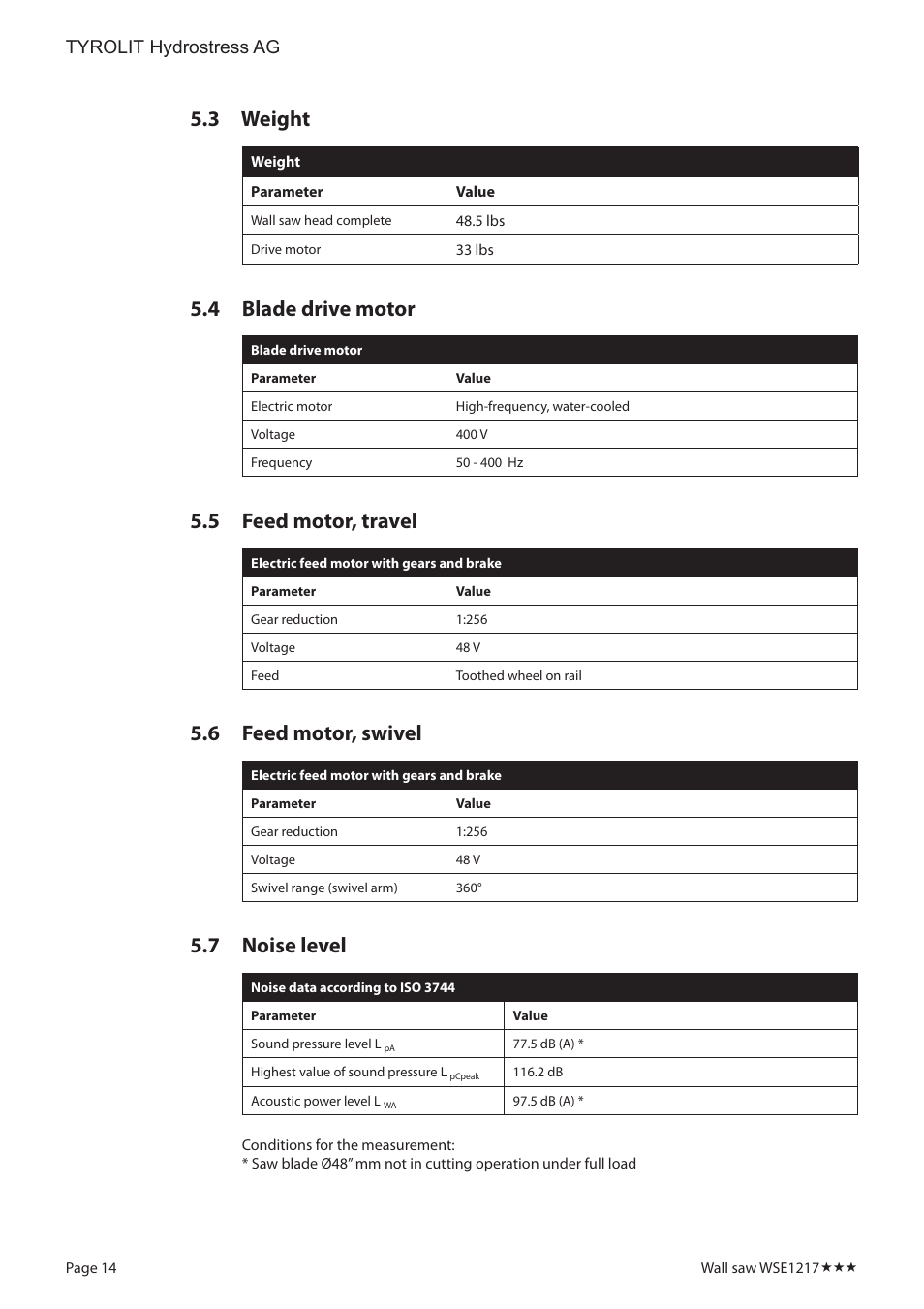Weight, Blade drive motor, Feed motor, travel | Feed motor, swivel, Noise level, Tyrolit hydrostress ag | Diamond Products WSE1217 User Manual | Page 14 / 16