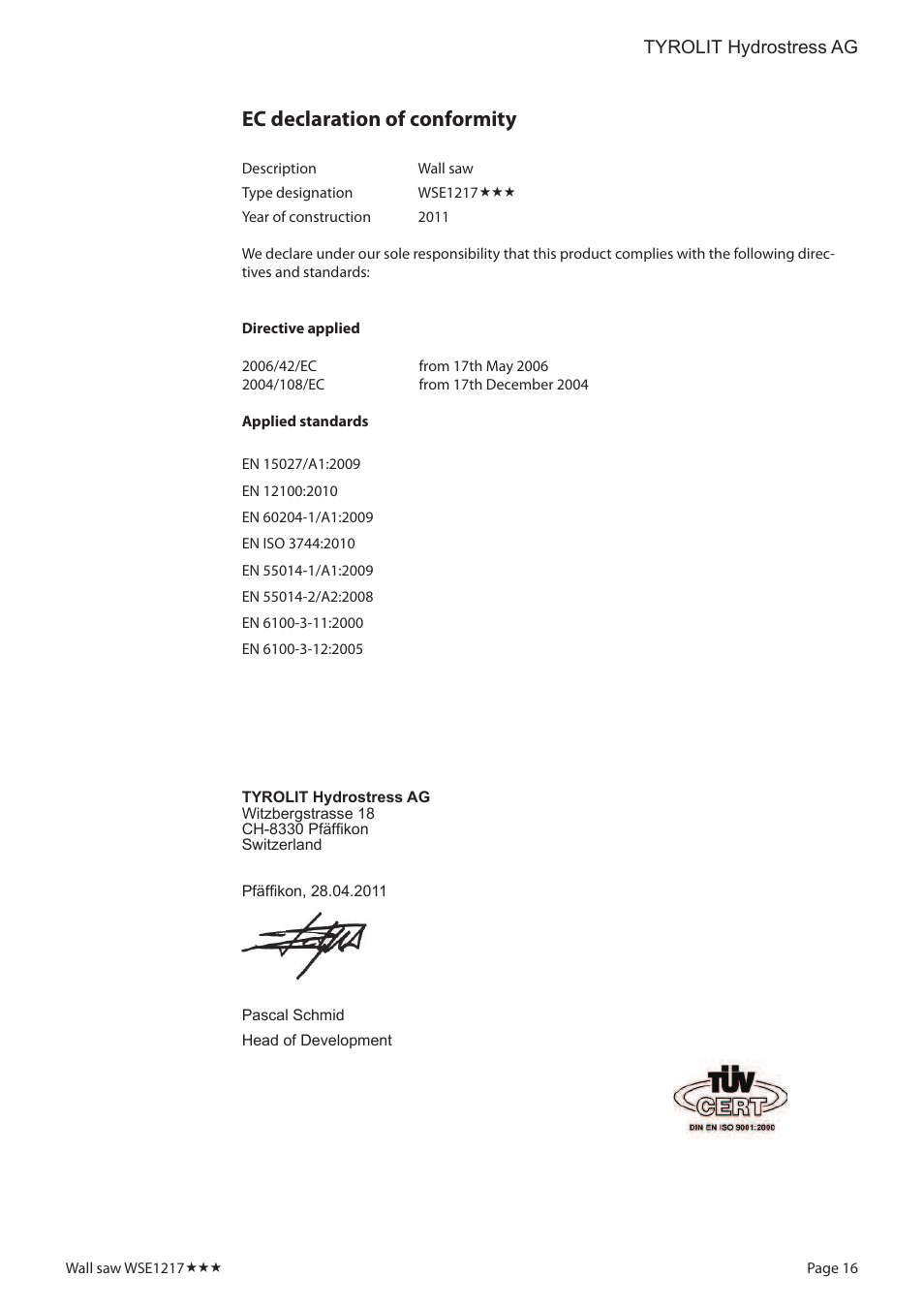 Ec declaration of conformity | Diamond Products WSE1217 User Manual | Page 16 / 16