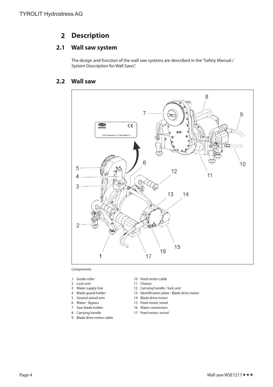 Description, Wall saw system, Wall saw | Tyrolit hydrostress ag | Diamond Products WSE1217 User Manual | Page 4 / 16