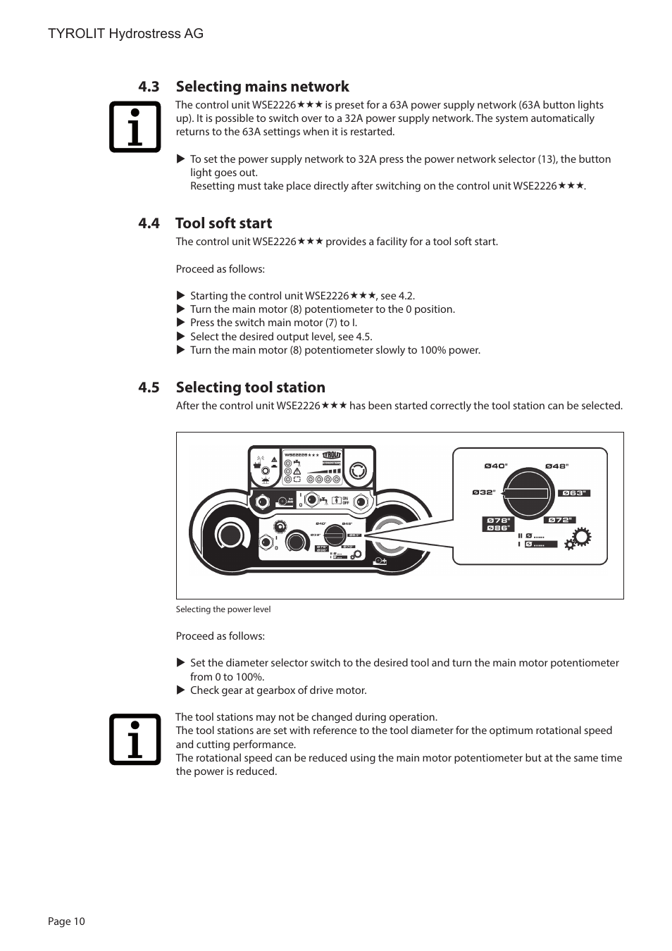 Selecting mains network, Tool soft start, Selecting tool station | Diamond Products WSE2226 User Manual | Page 10 / 21