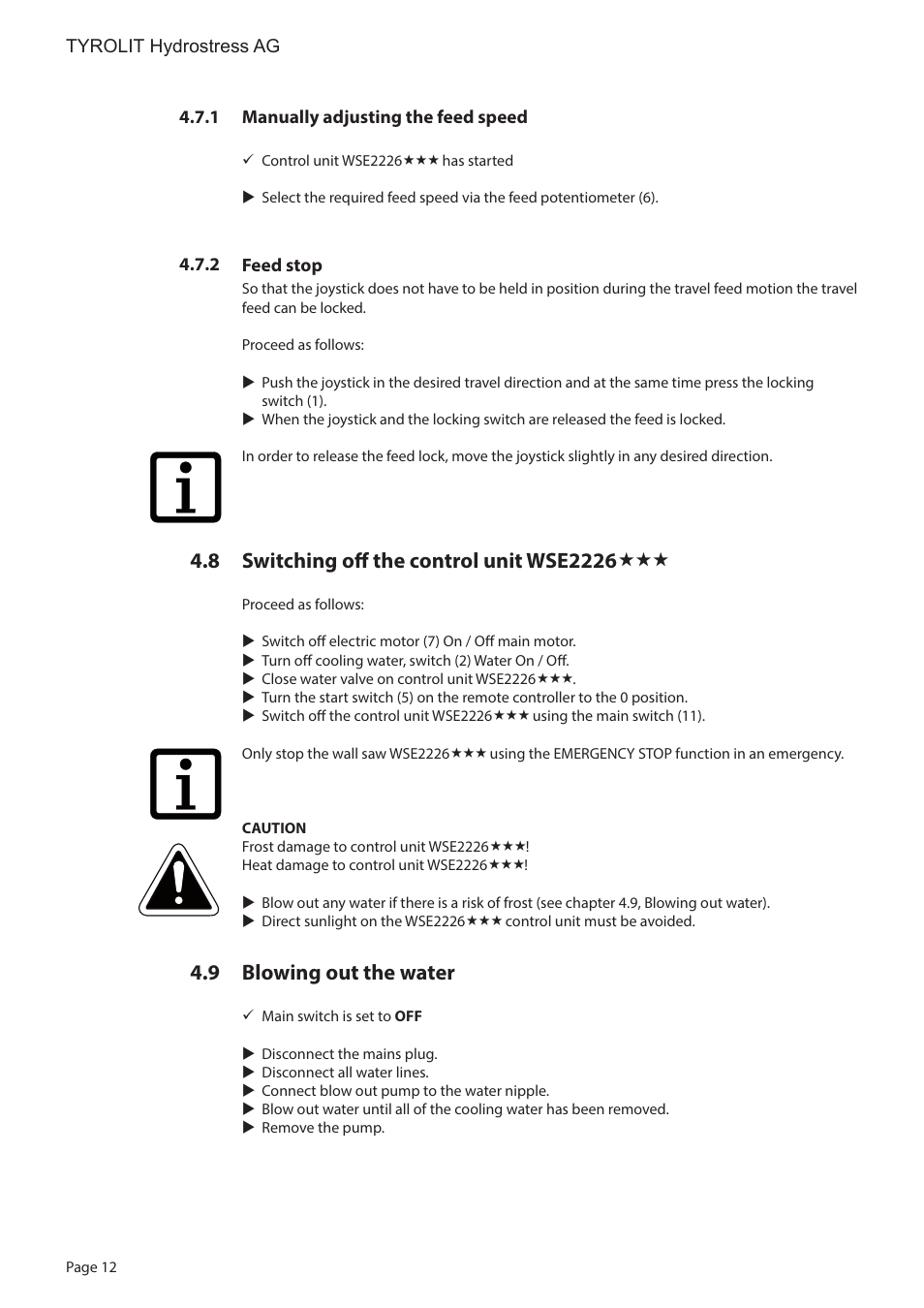 Switching off the control unit wse2226, Blowing out the water | Diamond Products WSE2226 User Manual | Page 12 / 21