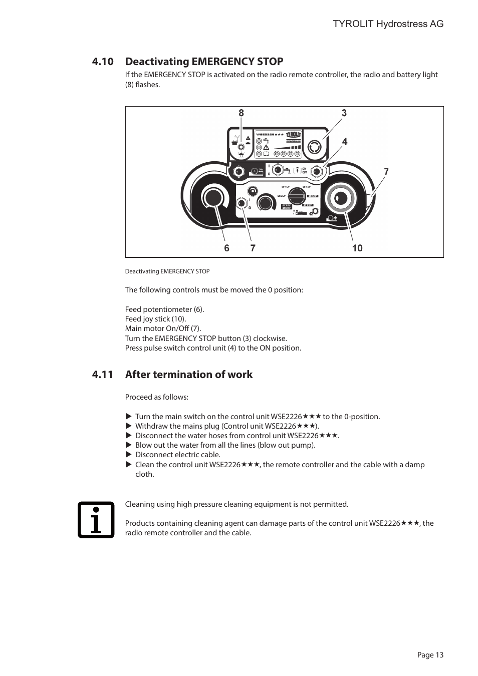 Deactivating emergency stop, After termination of work | Diamond Products WSE2226 User Manual | Page 13 / 21