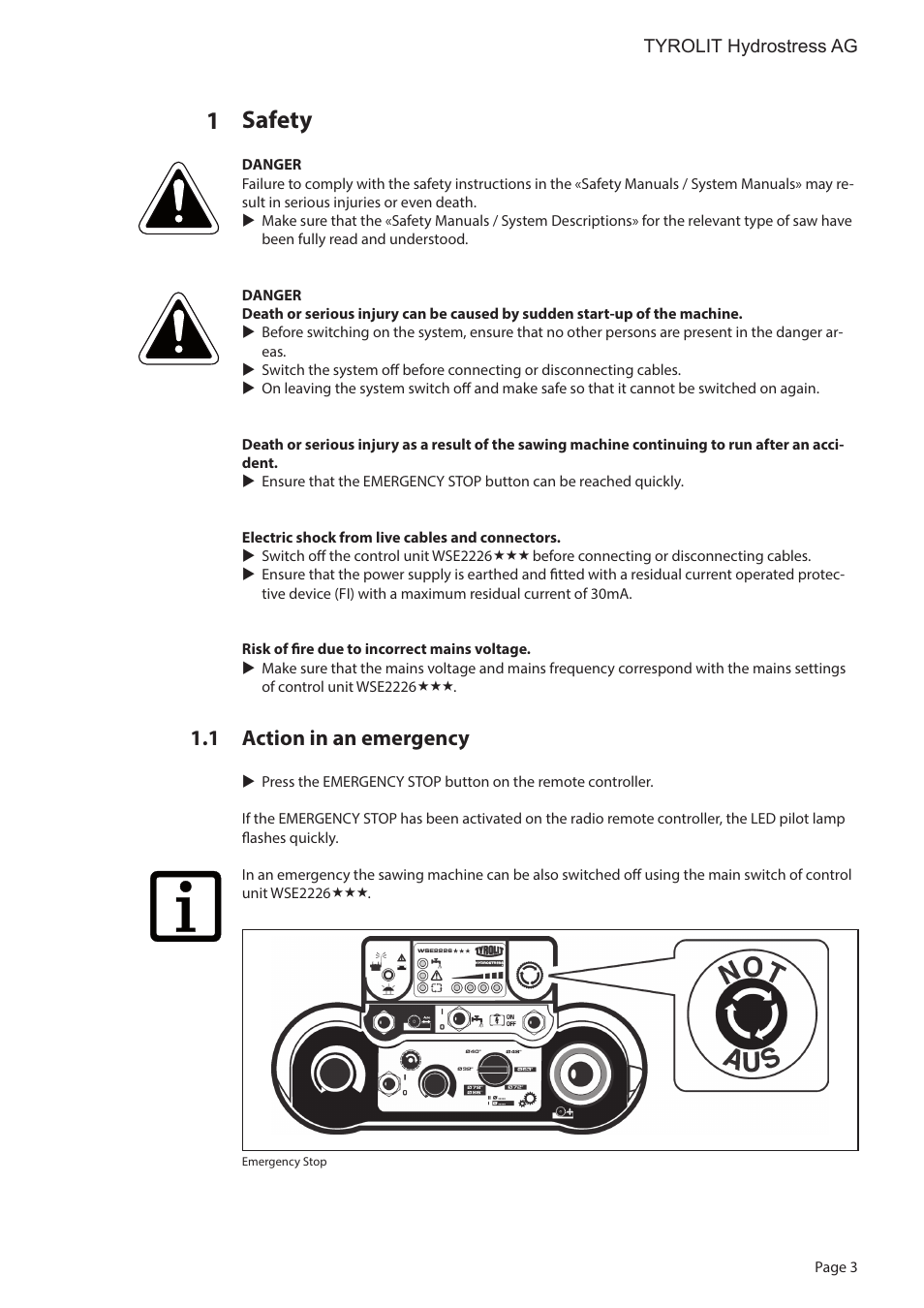 Safety, Action in an emergency | Diamond Products WSE2226 User Manual | Page 3 / 21