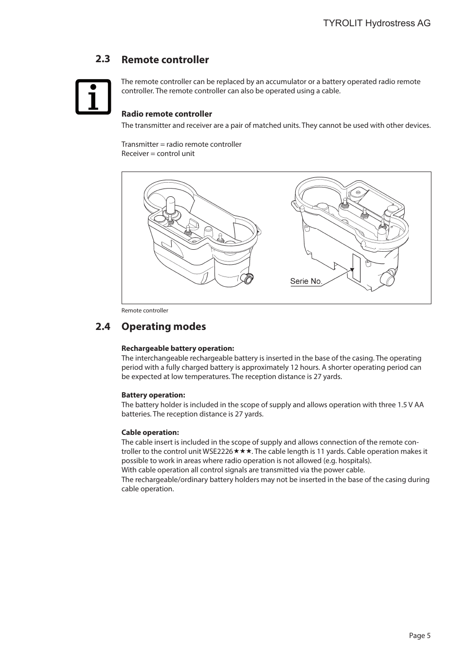 Remote controller, Operating modes | Diamond Products WSE2226 User Manual | Page 5 / 21