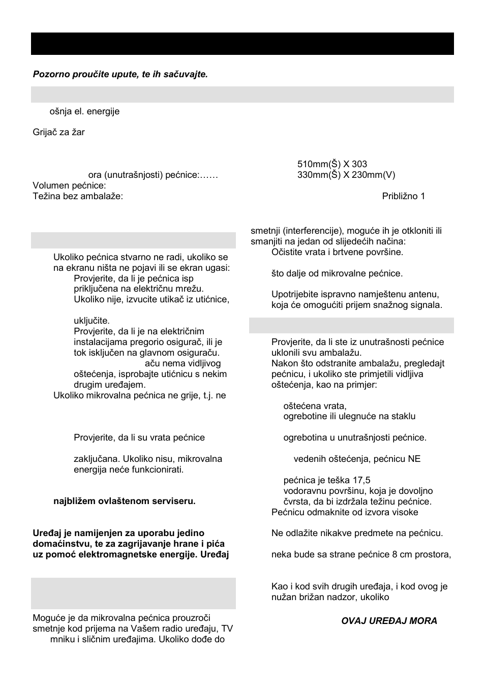 Upute za uporabu hr, Specifikacija, Prije nego pozovete servisera | Radijske smetnje (interferencija), Postavljanje | Gorenje GMO-25 DCB User Manual | Page 10 / 169
