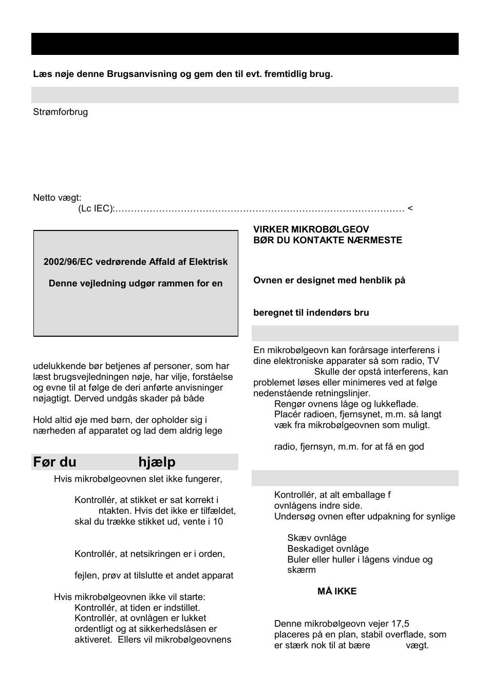 Brugsanvisning dk, Tekniske data, Før du tilkalder hjælp | Interference i radioudstyr, Installation | Gorenje GMO-25 DCB User Manual | Page 120 / 169