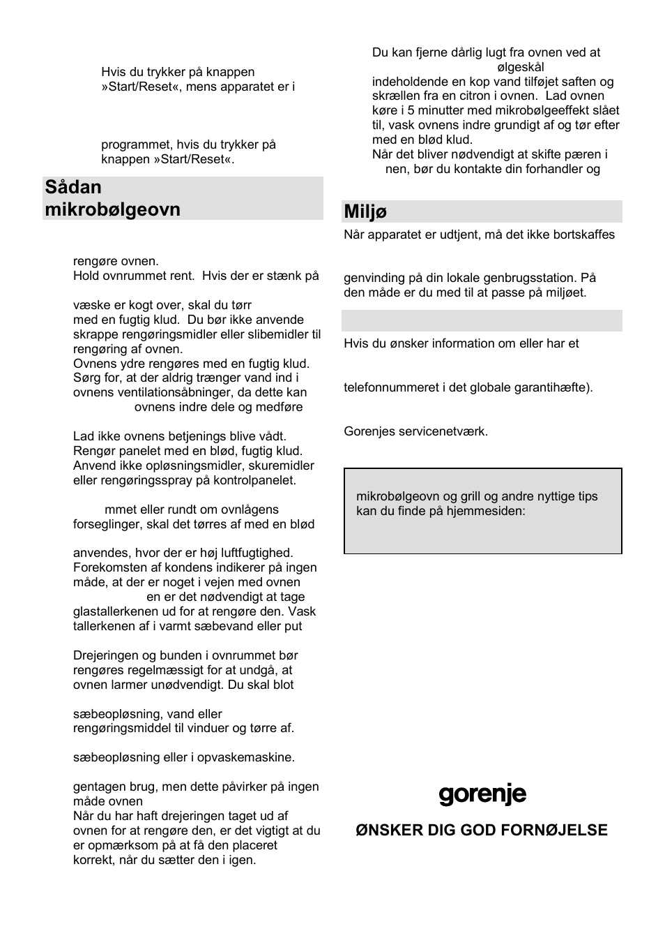 Sådan vedligeholder du din mikrobølgeovn, Miljø, Garanti og service | Gorenje GMO-25 DCB User Manual | Page 126 / 169