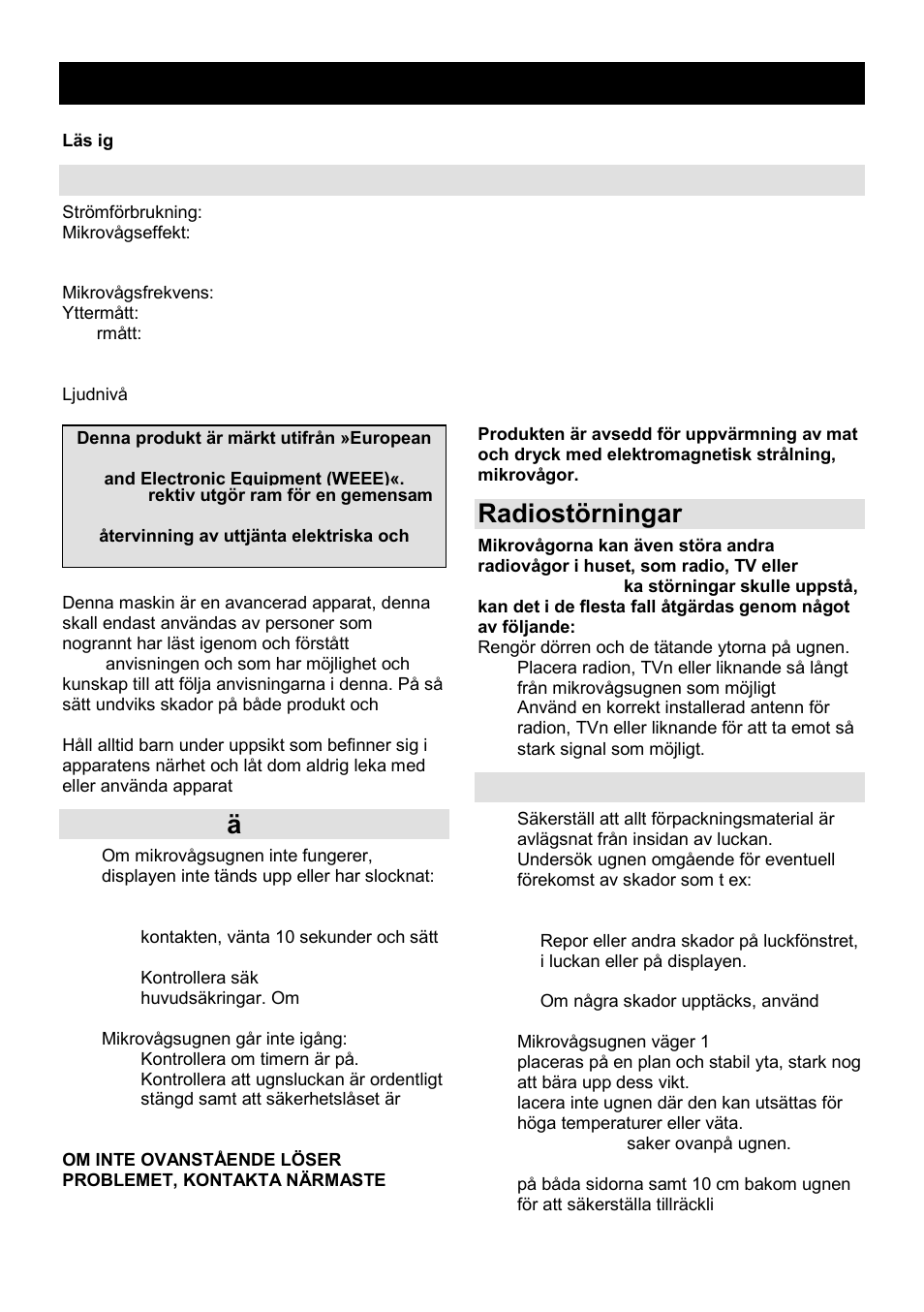 Bruksanvisning se, Tekniska specifikationer, Innan du beg är service | Radiostörningar, Installation | Gorenje GMO-25 DCB User Manual | Page 127 / 169