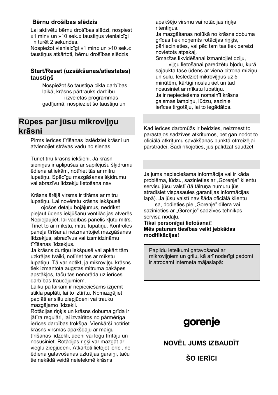 Rūpes par jūsu mikroviļņu krāsni, Vide, Garantija un serviss | Gorenje GMO-25 DCB User Manual | Page 154 / 169