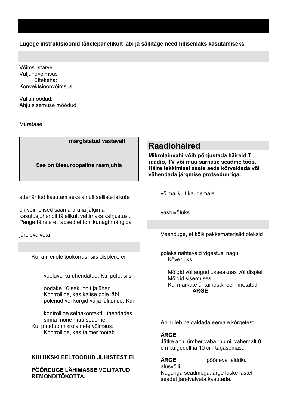 Kasutusjuhend ee, Tehnilised andmed, Enne hooldusesse helistamist | Raadiohäired, Paigaldamine | Gorenje GMO-25 DCB User Manual | Page 163 / 169