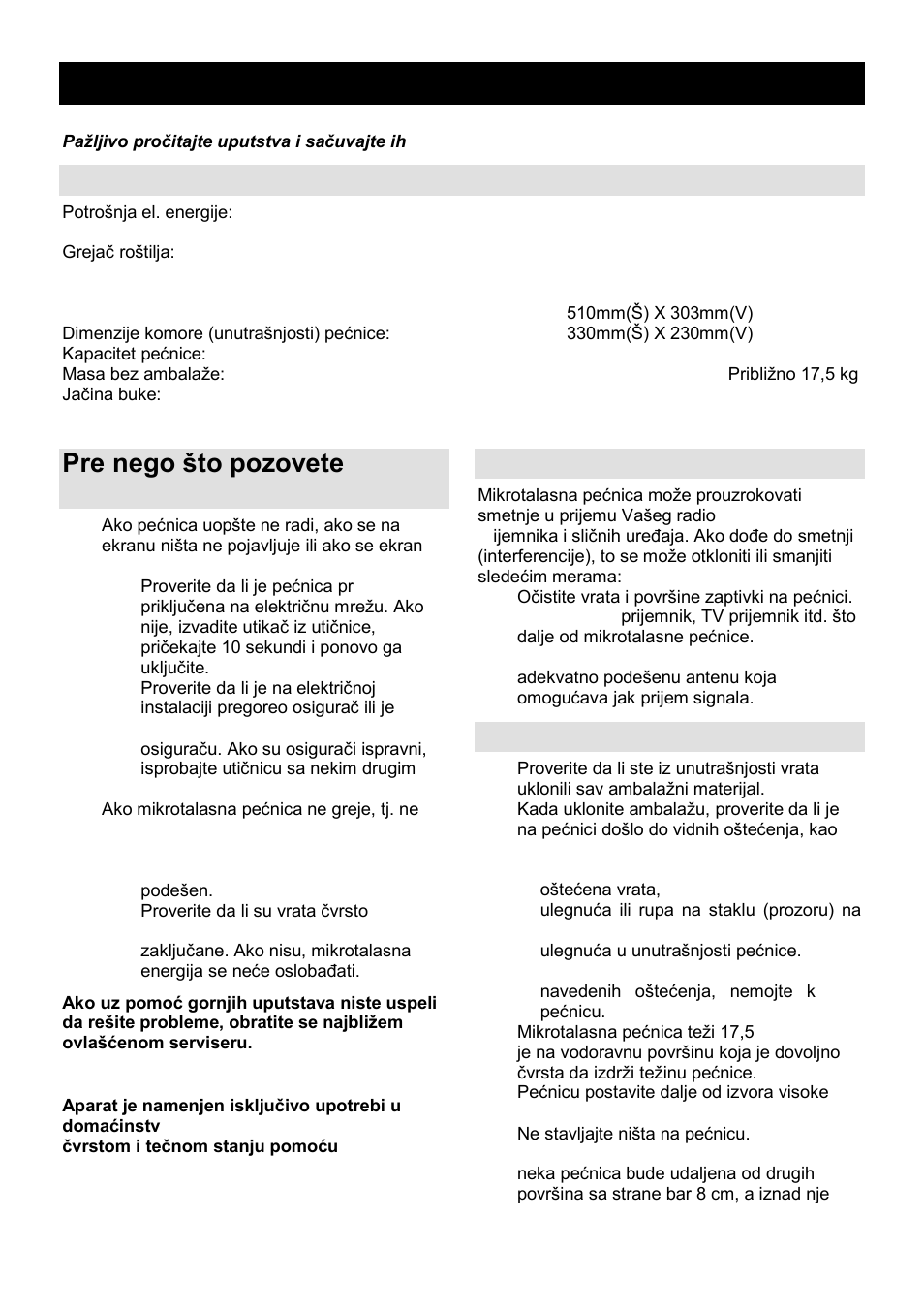 Uputstvo za upotrebu srb, mne, Specifikacije, Pre nego ńto pozovete servisera | Radio-smetnje (interferencije), Postavljanje | Gorenje GMO-25 DCB User Manual | Page 17 / 169