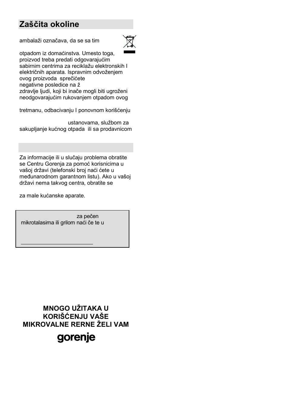 Zańĉita okoline, Garancija i servis | Gorenje GMO-25 DCB User Manual | Page 24 / 169