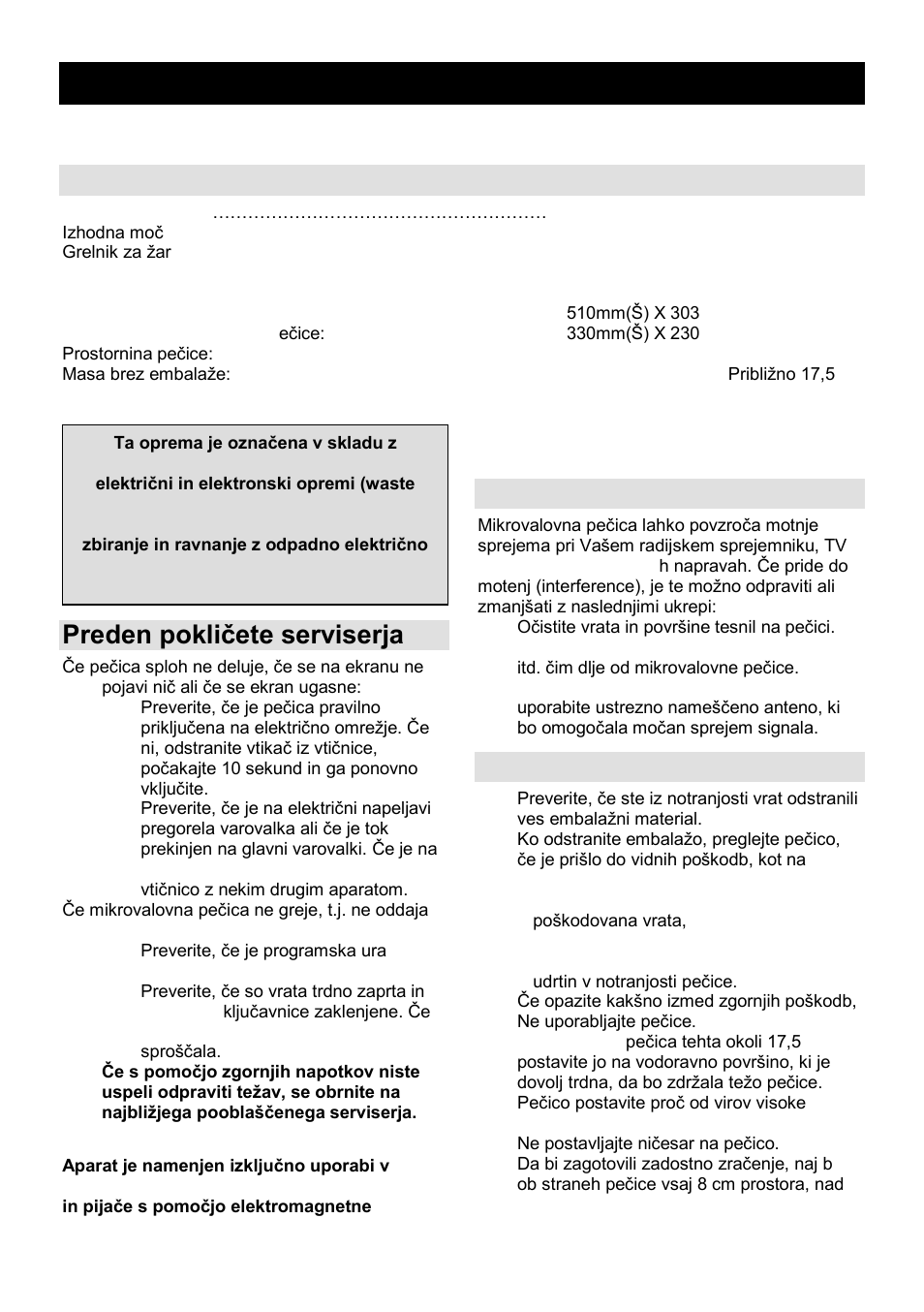 Navodila za uporabo si, Specifikacije, Preden pokliĉete serviserja | Radijske motnje (interference), Namestitev | Gorenje GMO-25 DCB User Manual | Page 3 / 169