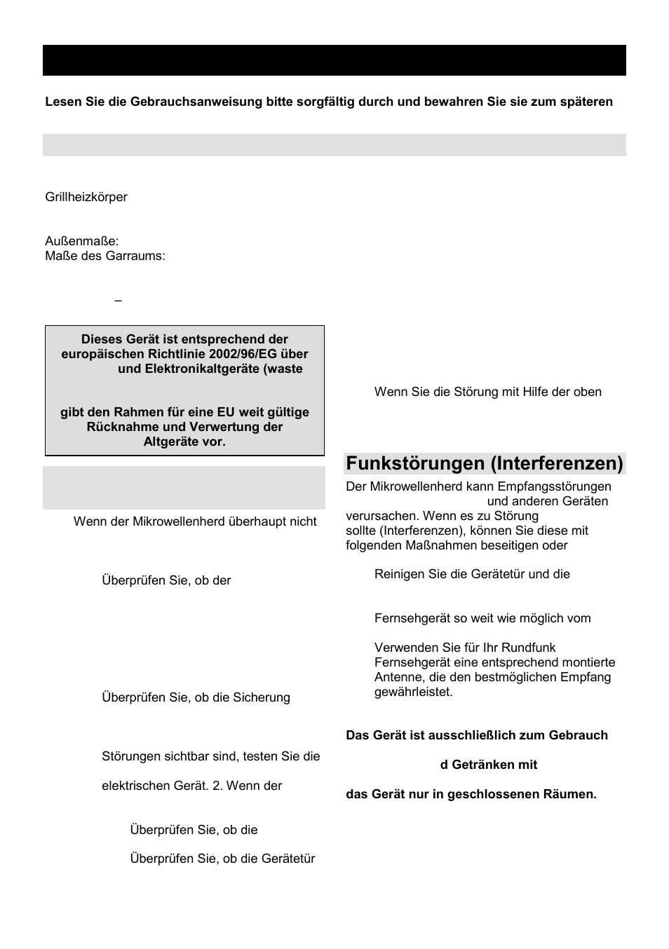 Gebrauchsanweisung de, Technische daten, Bevor sie den kundendienst anrufen | Funkstörungen (interferenzen) | Gorenje GMO-25 DCB User Manual | Page 41 / 169