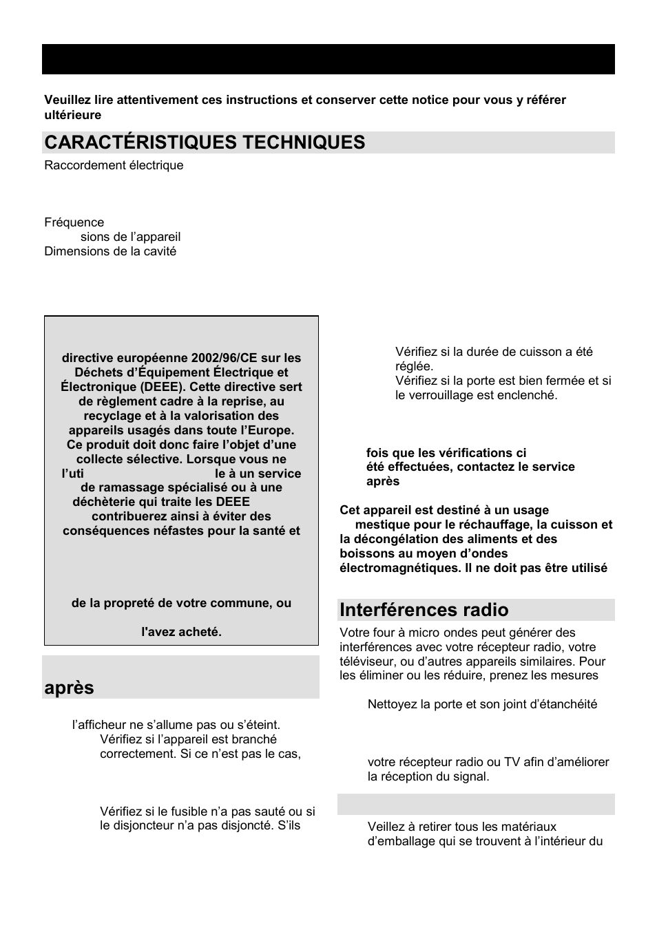 Notice d'utilisation fr, Caractéristiques techniques, Avant de contacter le service après-vente | Interférences radio, Installation | Gorenje GMO-25 DCB User Manual | Page 50 / 169