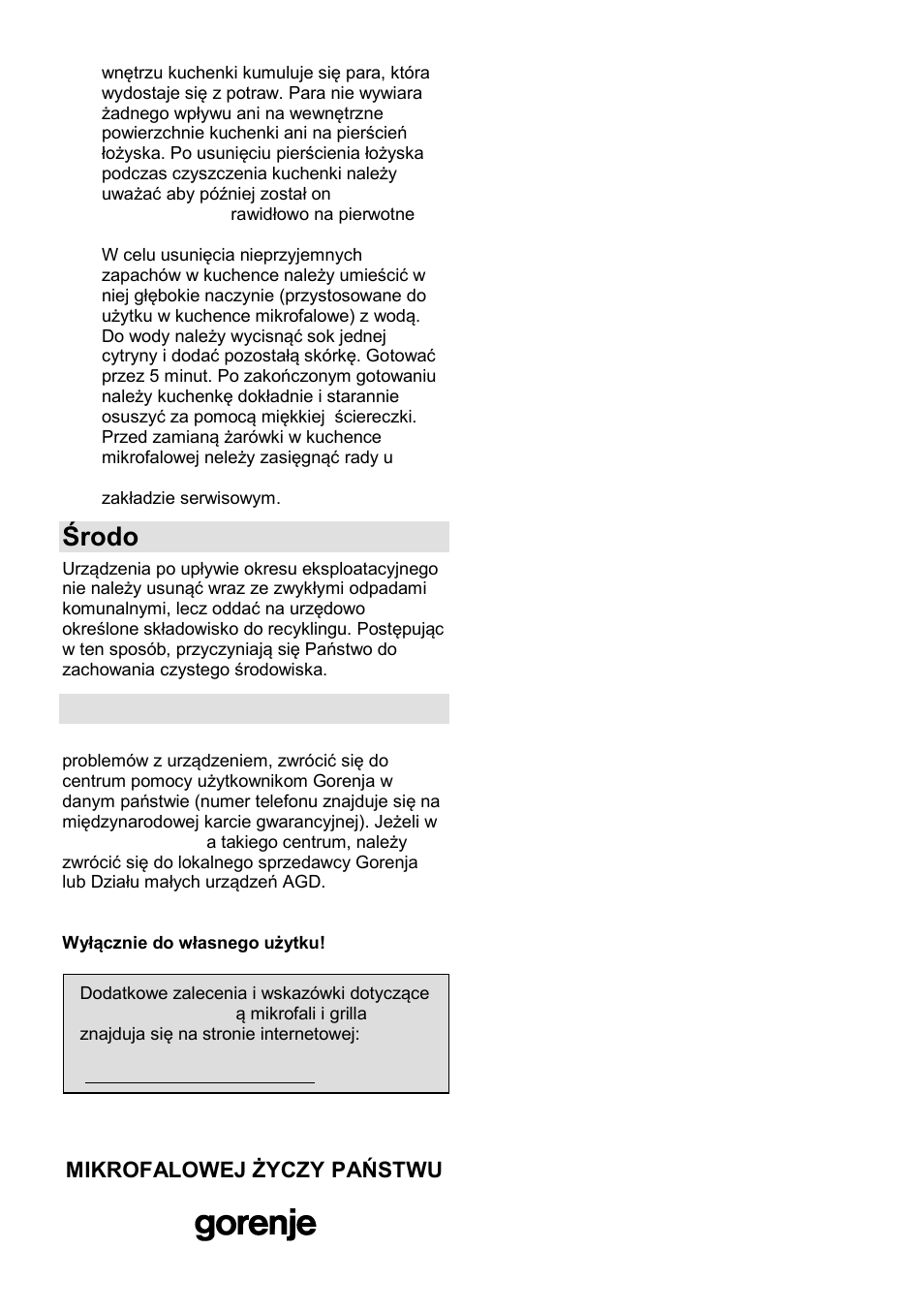 Środowisko, Gwarancja i serwis naprawczy | Gorenje GMO-25 DCB User Manual | Page 74 / 169