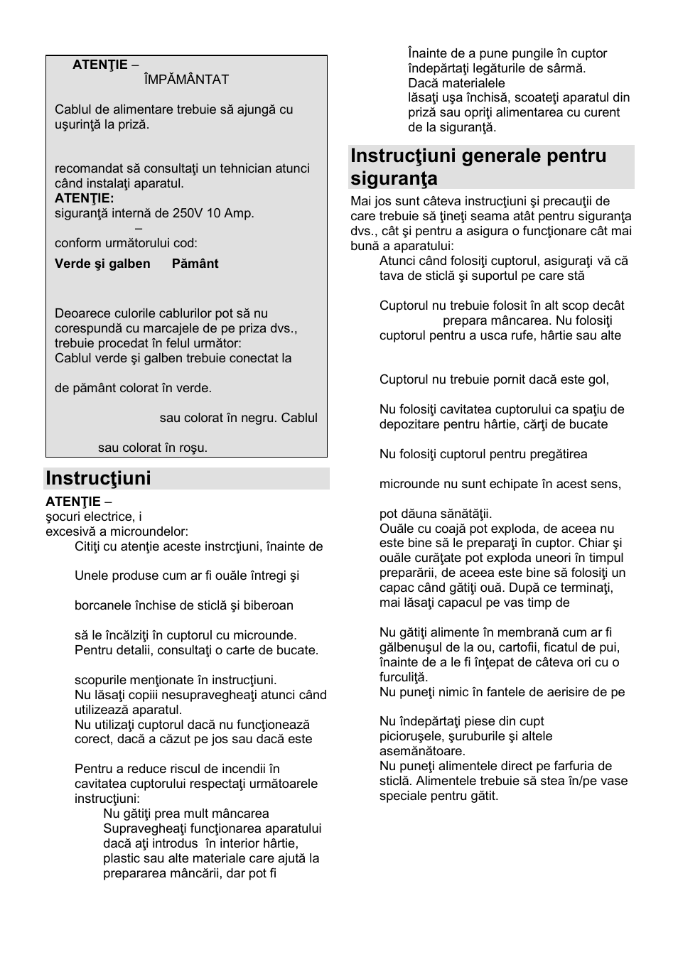 Instrucŝiuni importante, Instrucŝiuni generale pentru siguranŝa dvs | Gorenje GMO-25 DCB User Manual | Page 76 / 169