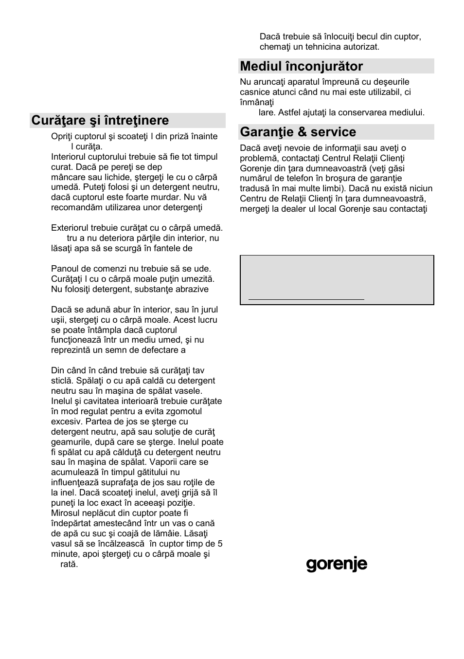 Curăŝare şi întreŝinere, Mediul înconjurător, Garanŝie & service | Gorenje GMO-25 DCB User Manual | Page 81 / 169