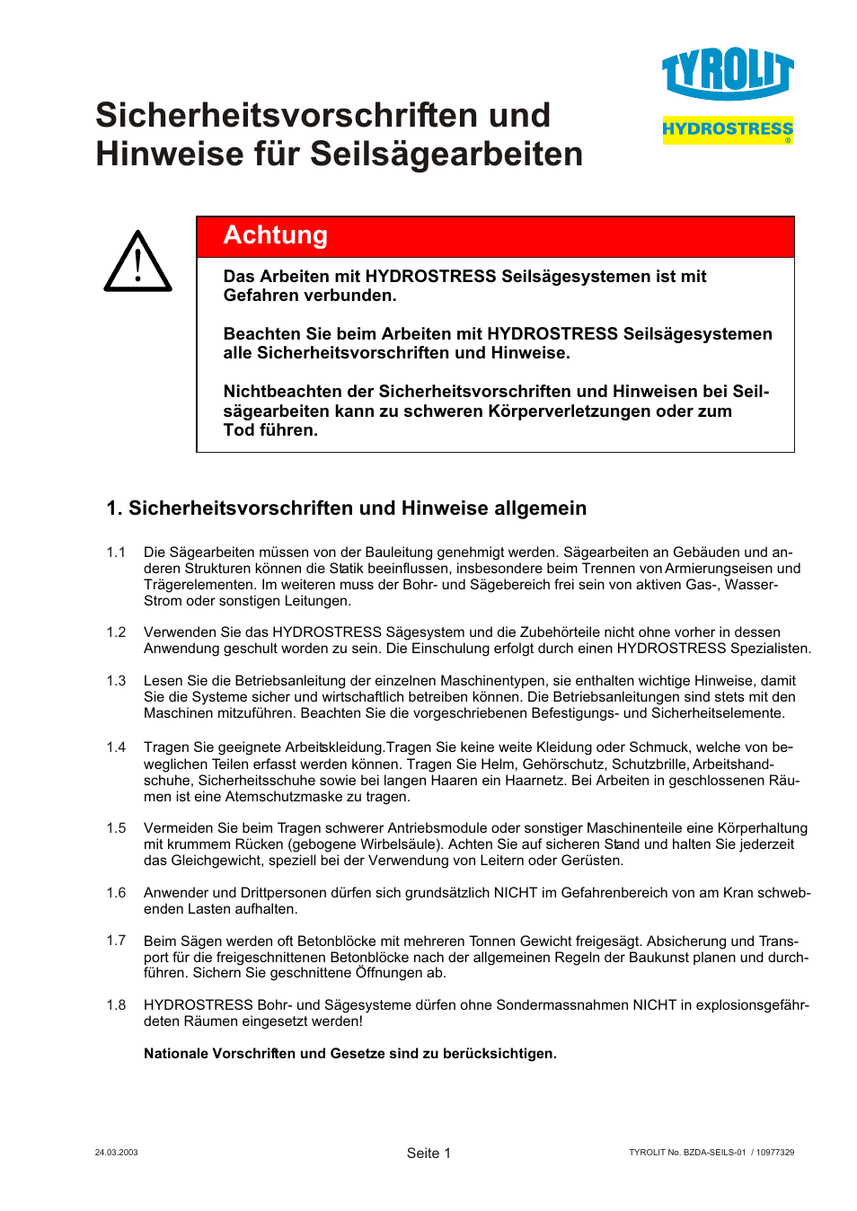 Achtung, Sicherheitsvorschriften und hinweise allgemein | Diamond Products SK-B User Manual | Page 62 / 113