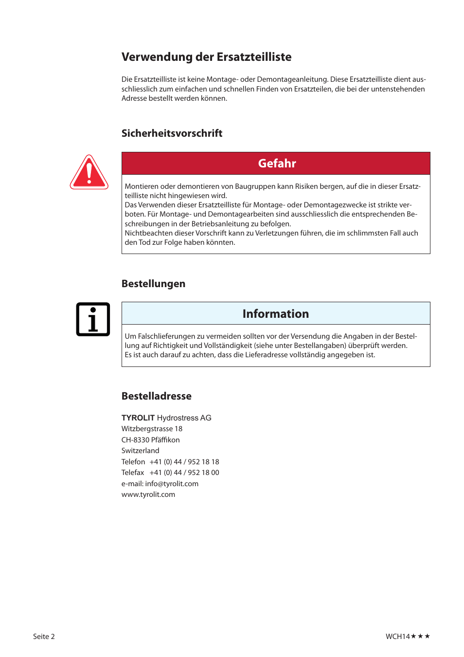 Verwendung der ersatzteilliste, Gefahr, Information | Sicherheitsvorschrift, Bestellungen, Bestelladresse | Diamond Products WCH14 User Manual | Page 2 / 21